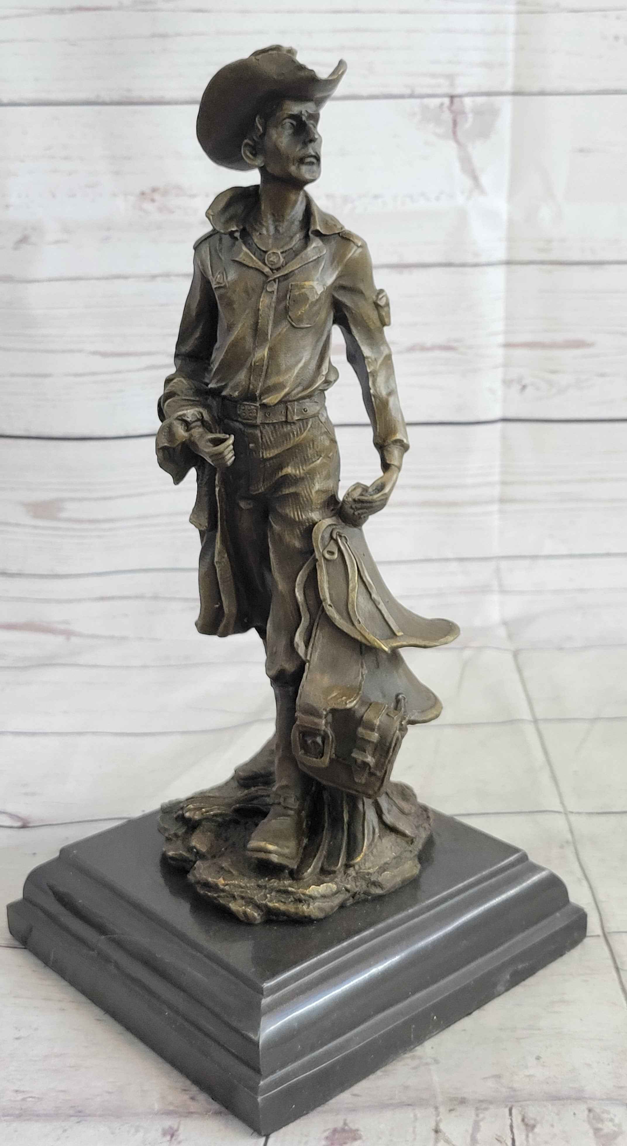 Cowboy Holding Horse Saddle Bronze Statue Sculpture Figure Western 13" x 6"