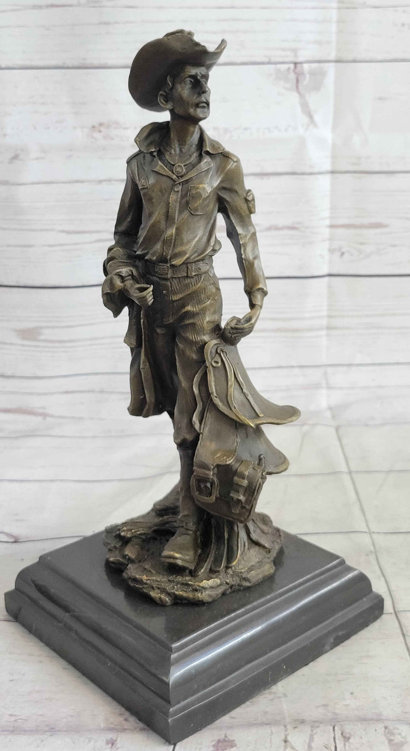 Cowboy Holding Horse Saddle Bronze Statue Sculpture Figure Western 13" x 6"
