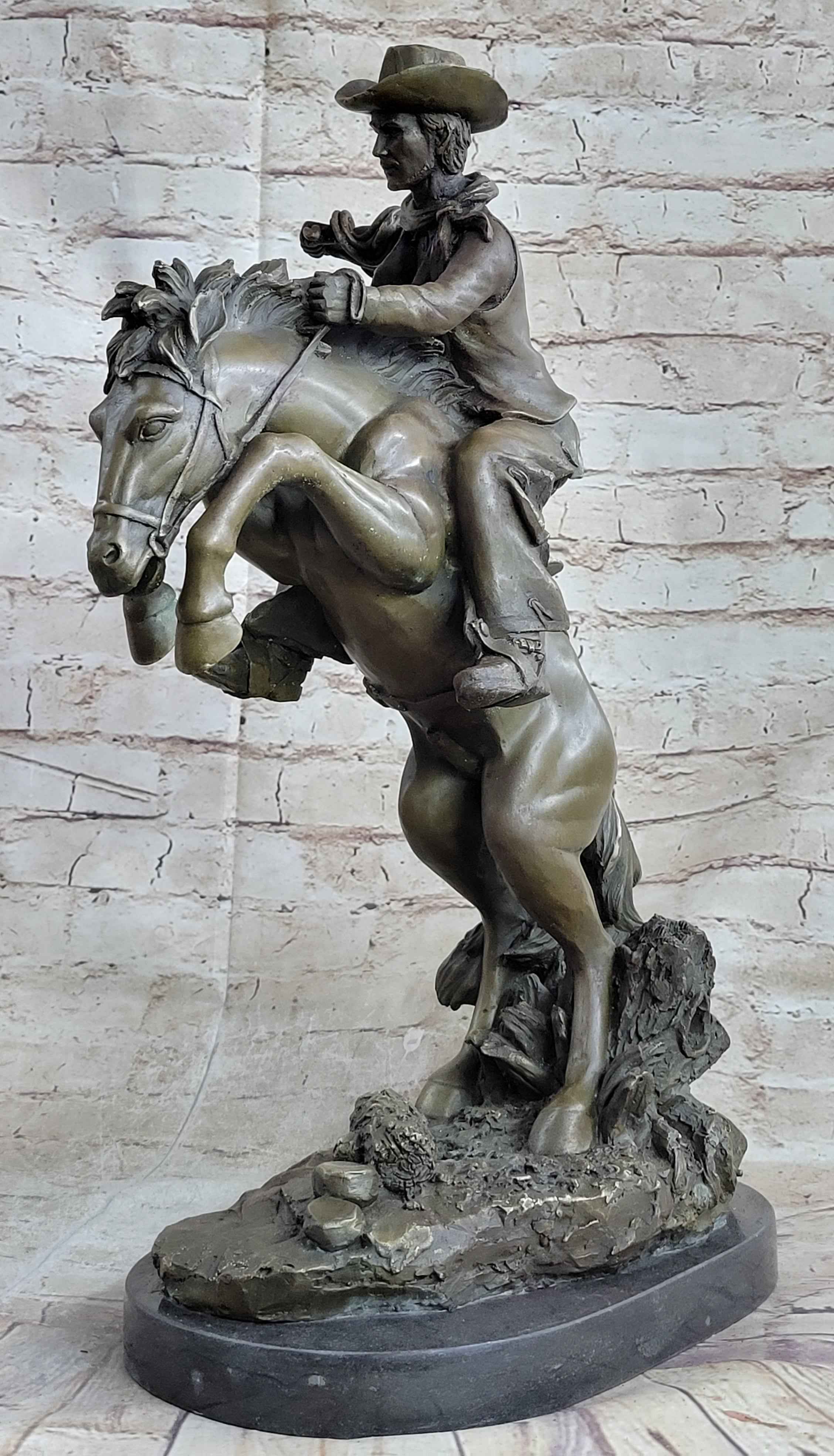 Bronco Buster inspired Country Western Art Bronze Sculpture Featuring Cowboy on Horseback