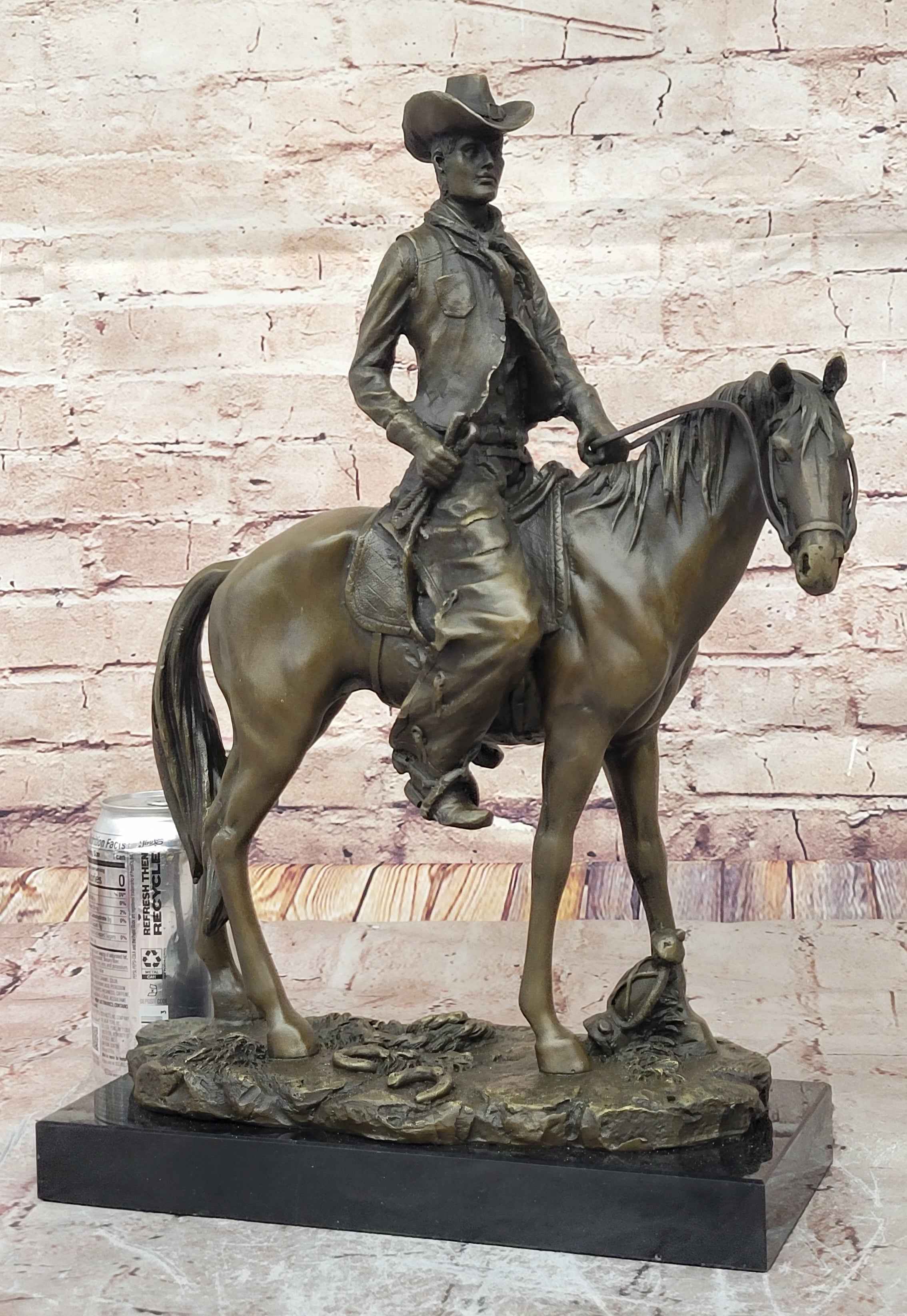 Wild West Western Cowboy With Hat Riding Horse Bronze Sculpture Original Figure