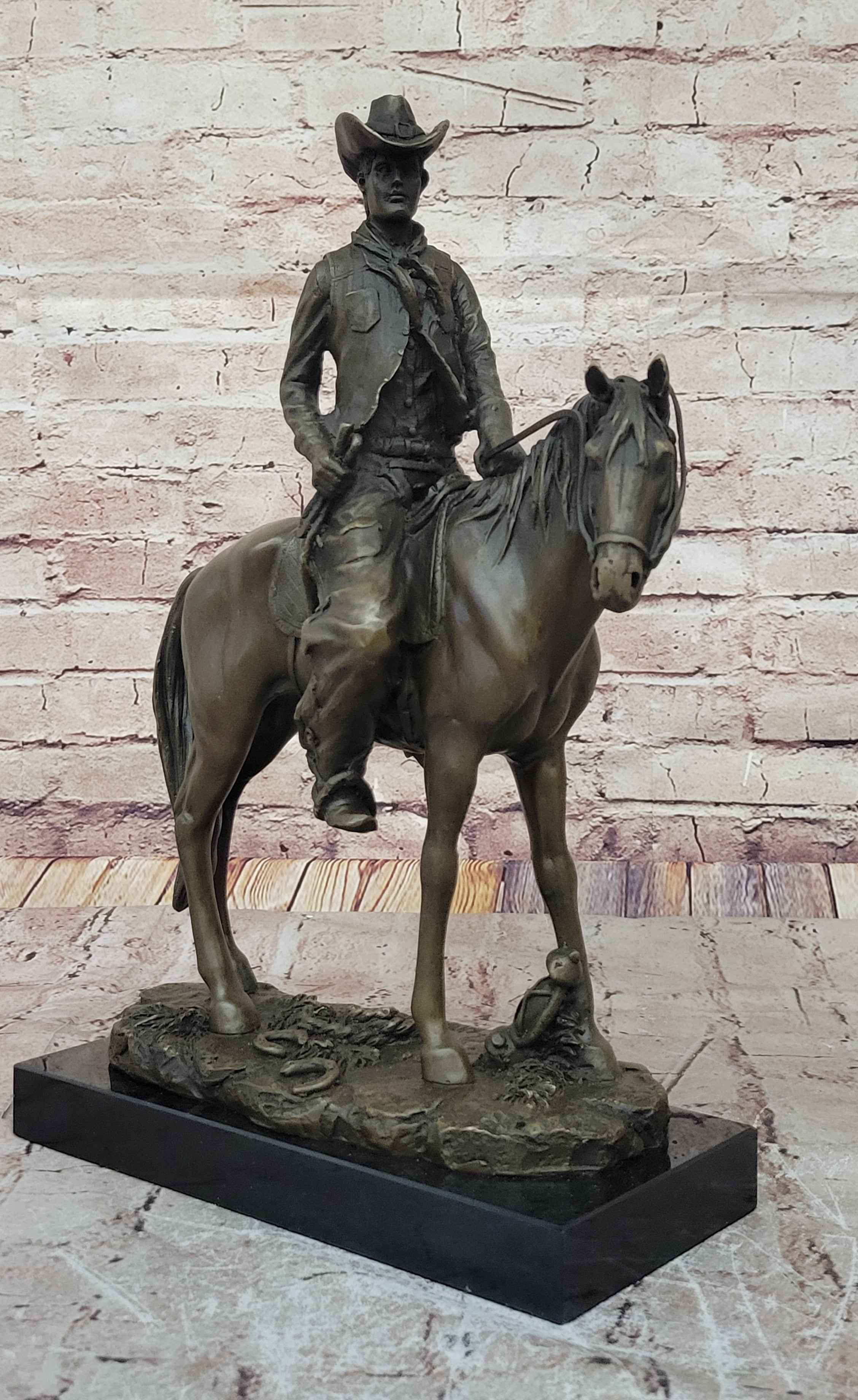 Wild West Western Cowboy With Hat Riding Horse Bronze Sculpture Original Figure