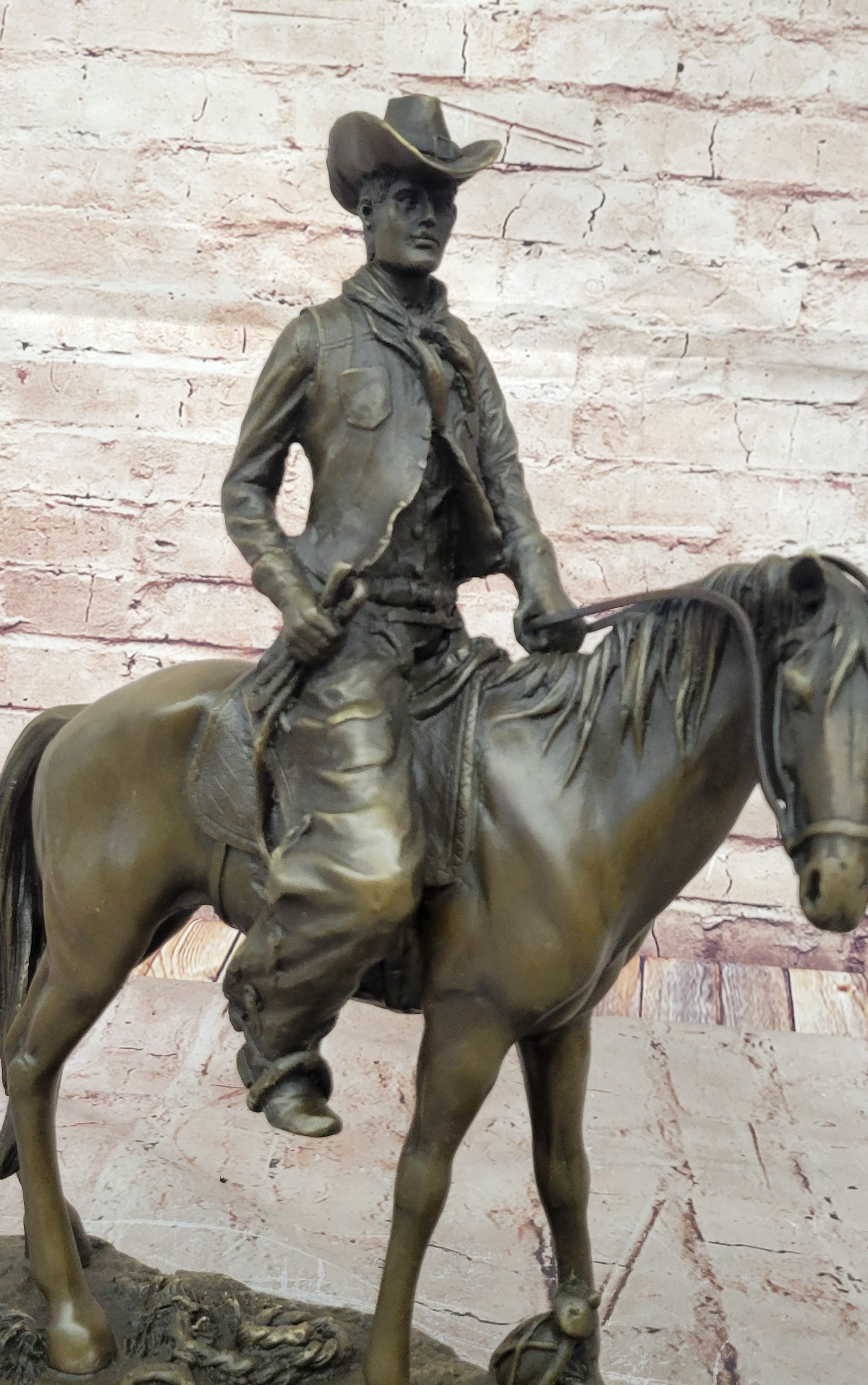 Wild West Western Cowboy With Hat Riding Horse Bronze Sculpture Original Figure