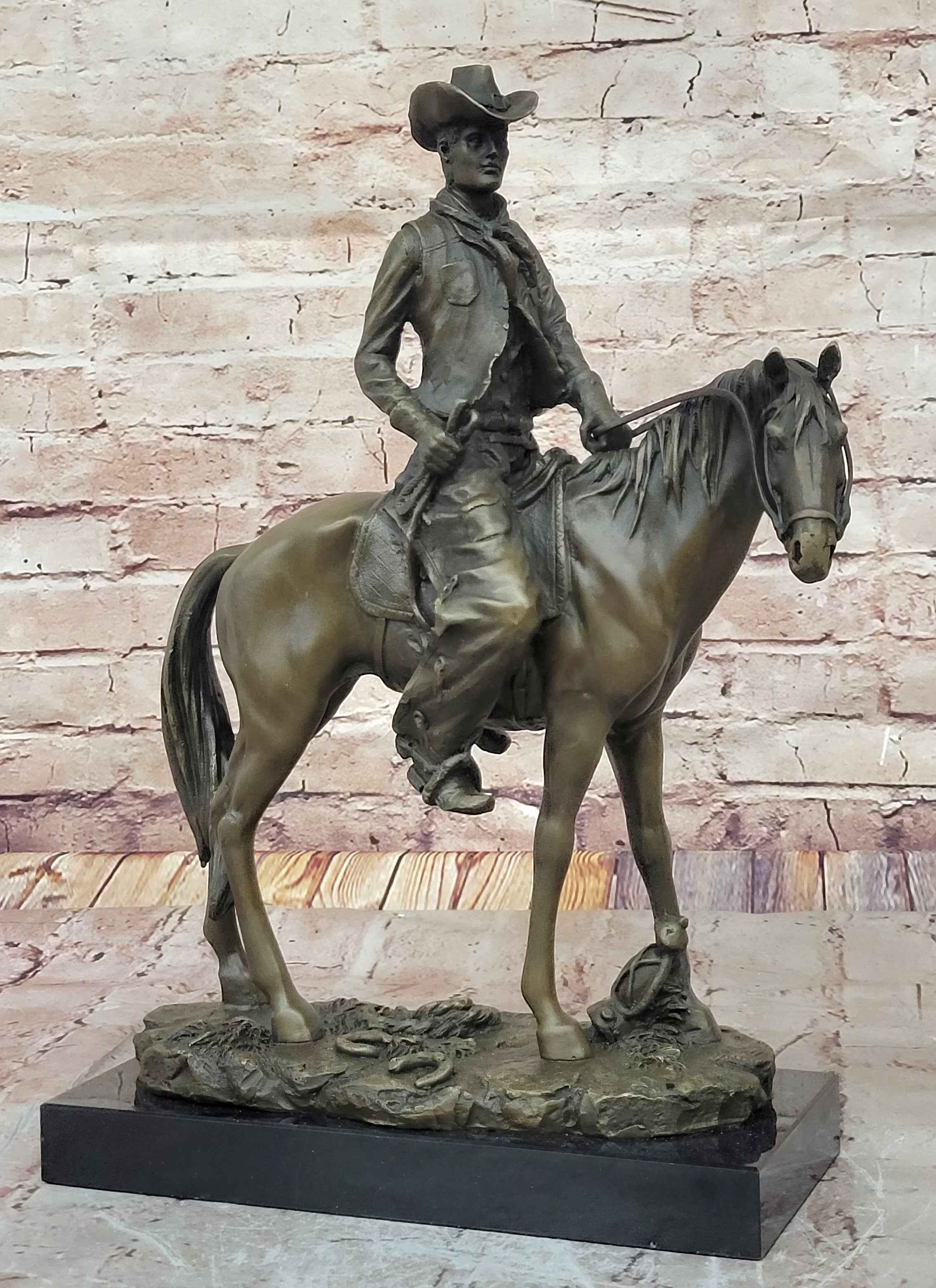Wild West Western Cowboy With Hat Riding Horse Bronze Sculpture Original Figure