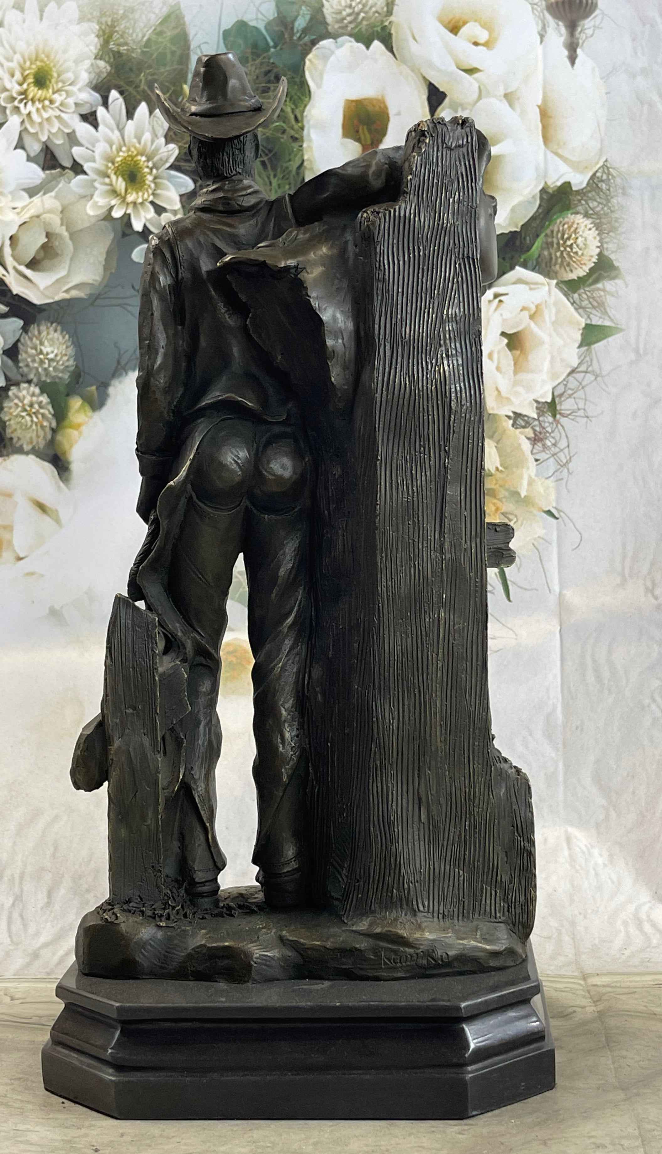 Cowboy Saddling Horse Stables Barn Bronze Statue Sculpture Figure 16" x 8"