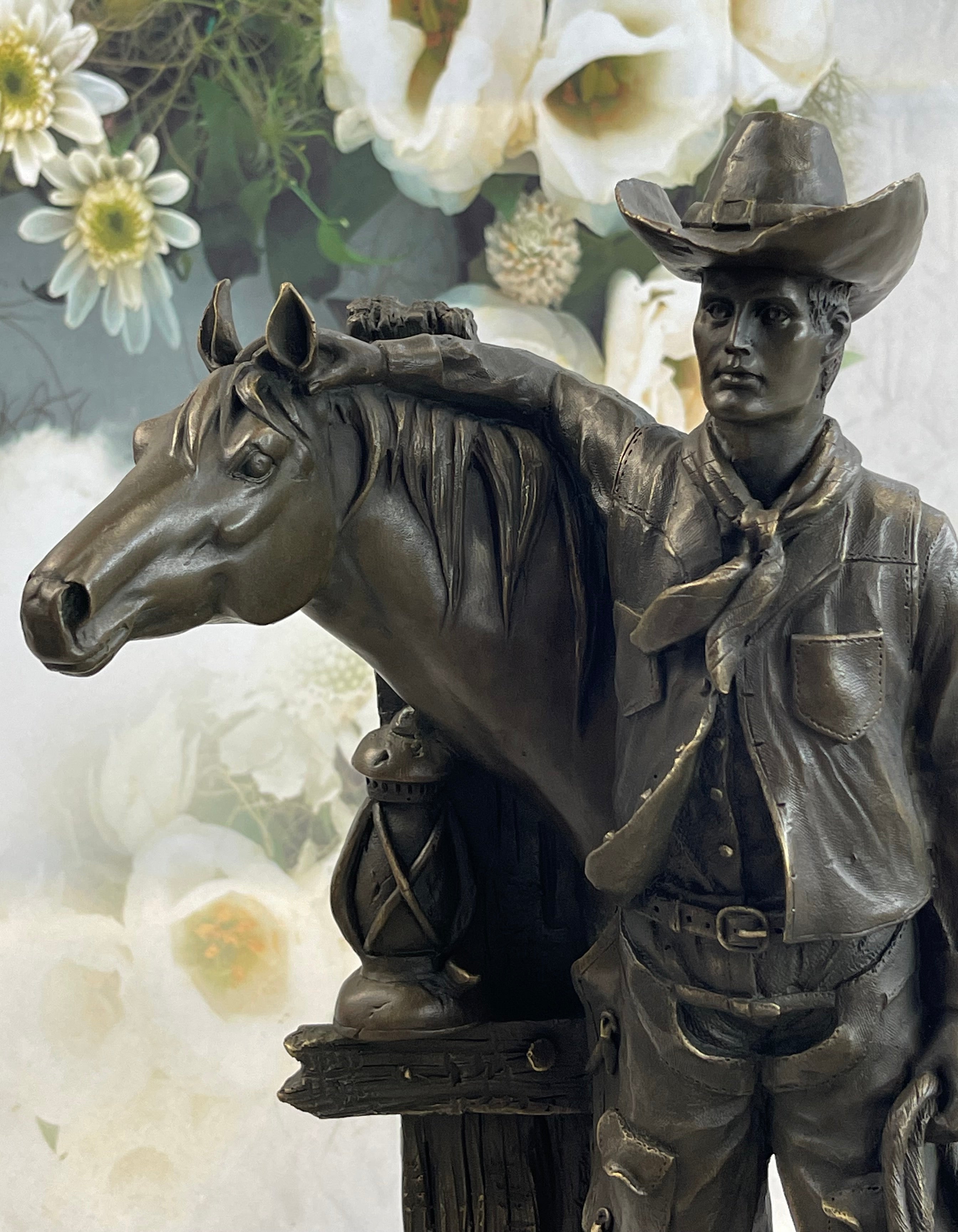 Cowboy Saddling Horse Stables Barn Bronze Statue Sculpture Figure 16" x 8"