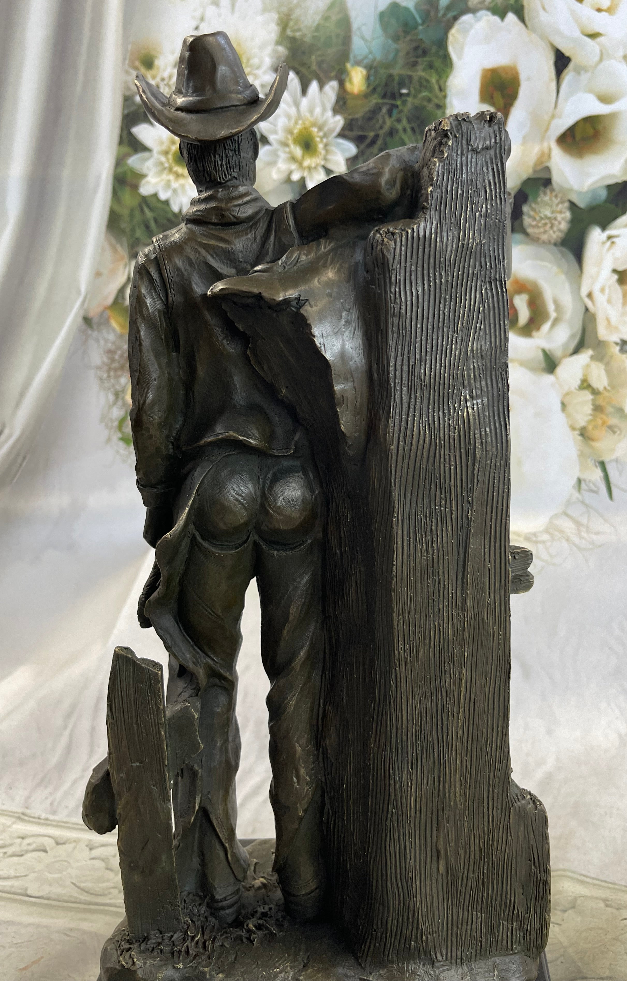 Cowboy Saddling Horse Stables Barn Bronze Statue Sculpture Figure 16" x 8"