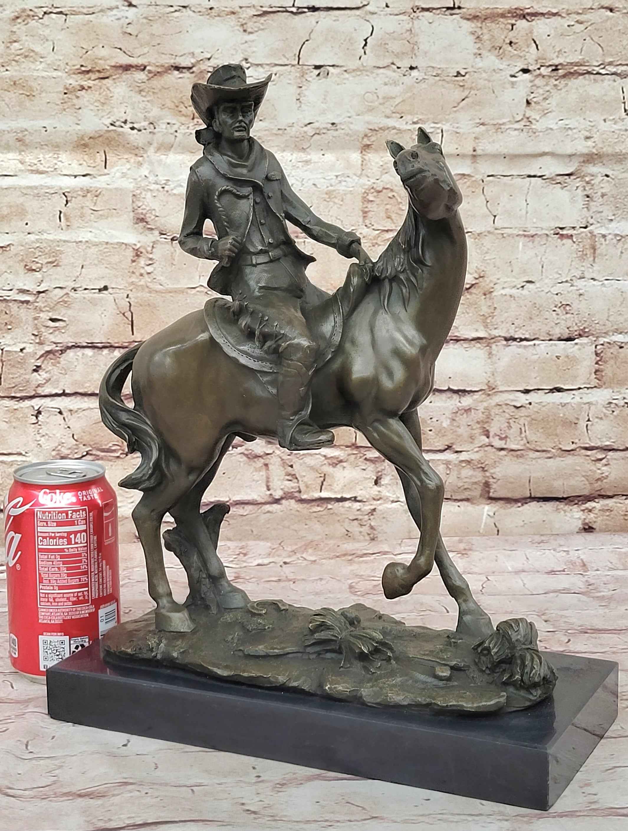 Bronze Western Sculpture Cowboy on Horseback Statue Figure 14" x 11"