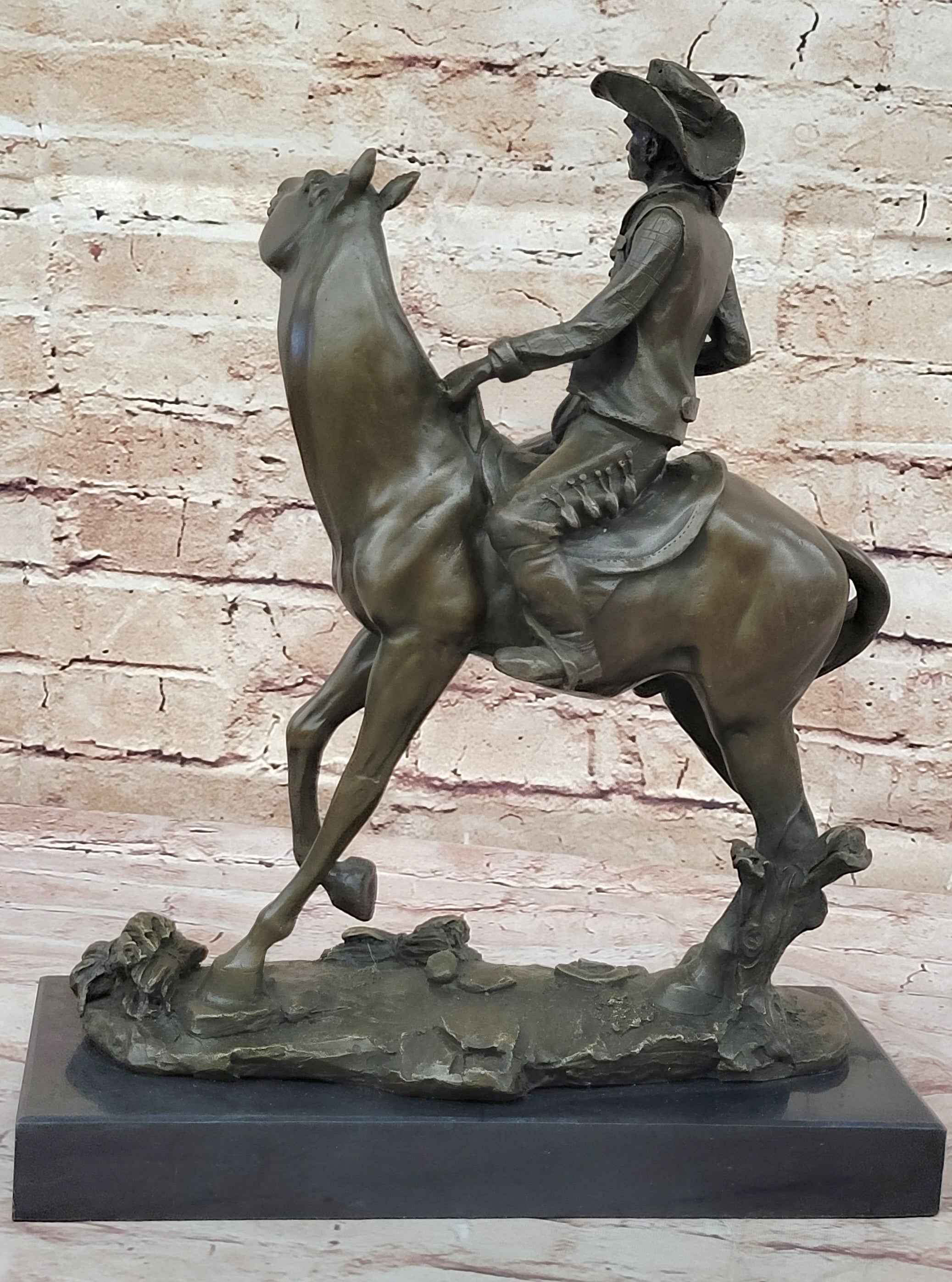 Bronze Western Sculpture Cowboy on Horseback Statue Figure 14" x 11"