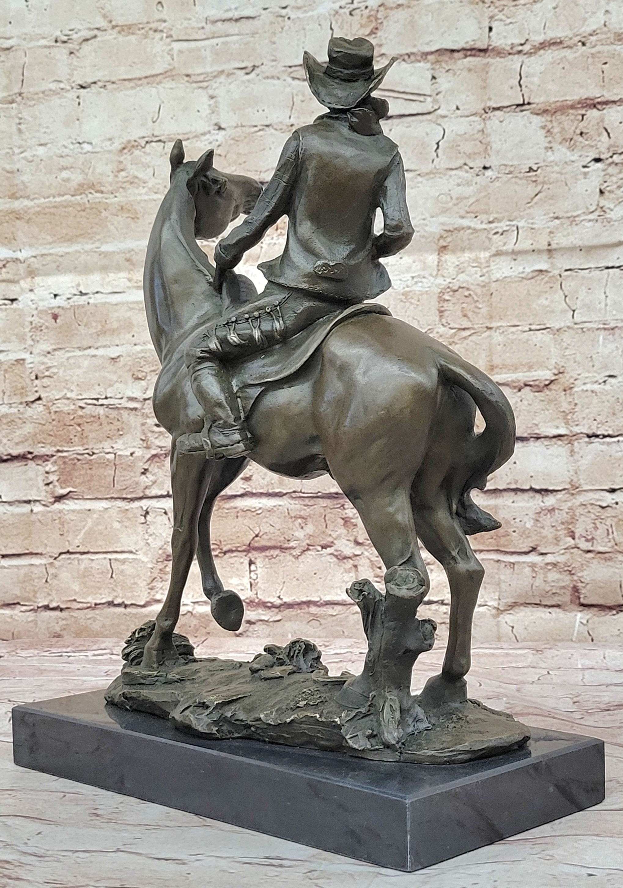 Bronze Western Sculpture Cowboy on Horseback Statue Figure 14" x 11"