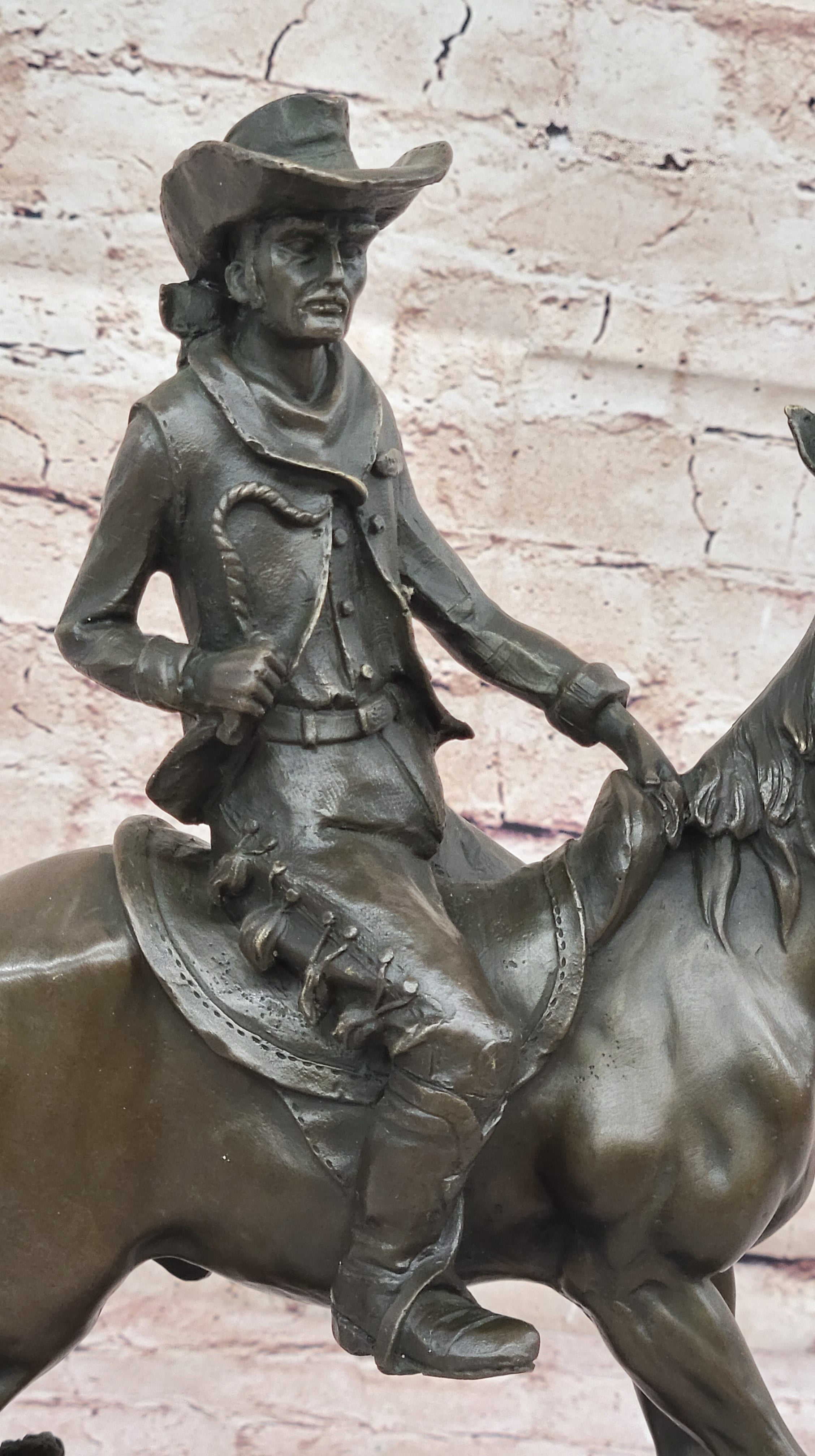 Bronze Western Sculpture Cowboy on Horseback Statue Figure 14" x 11"
