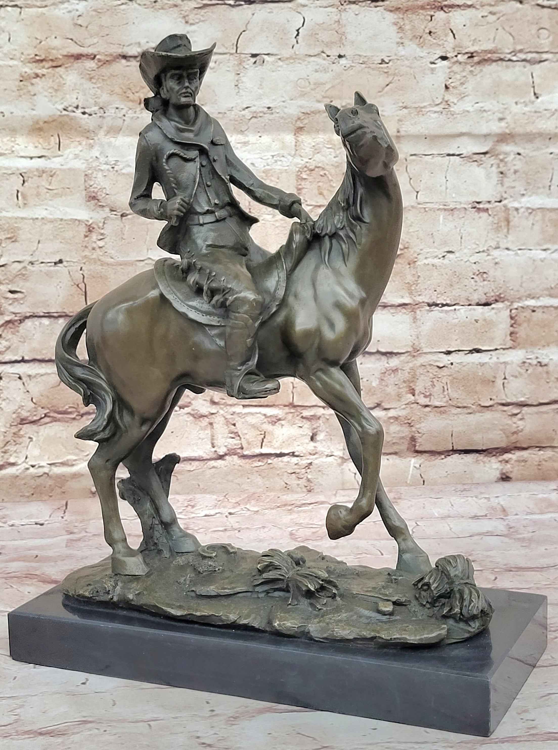 Bronze Western Sculpture Cowboy on Horseback Statue Figure 14" x 11"