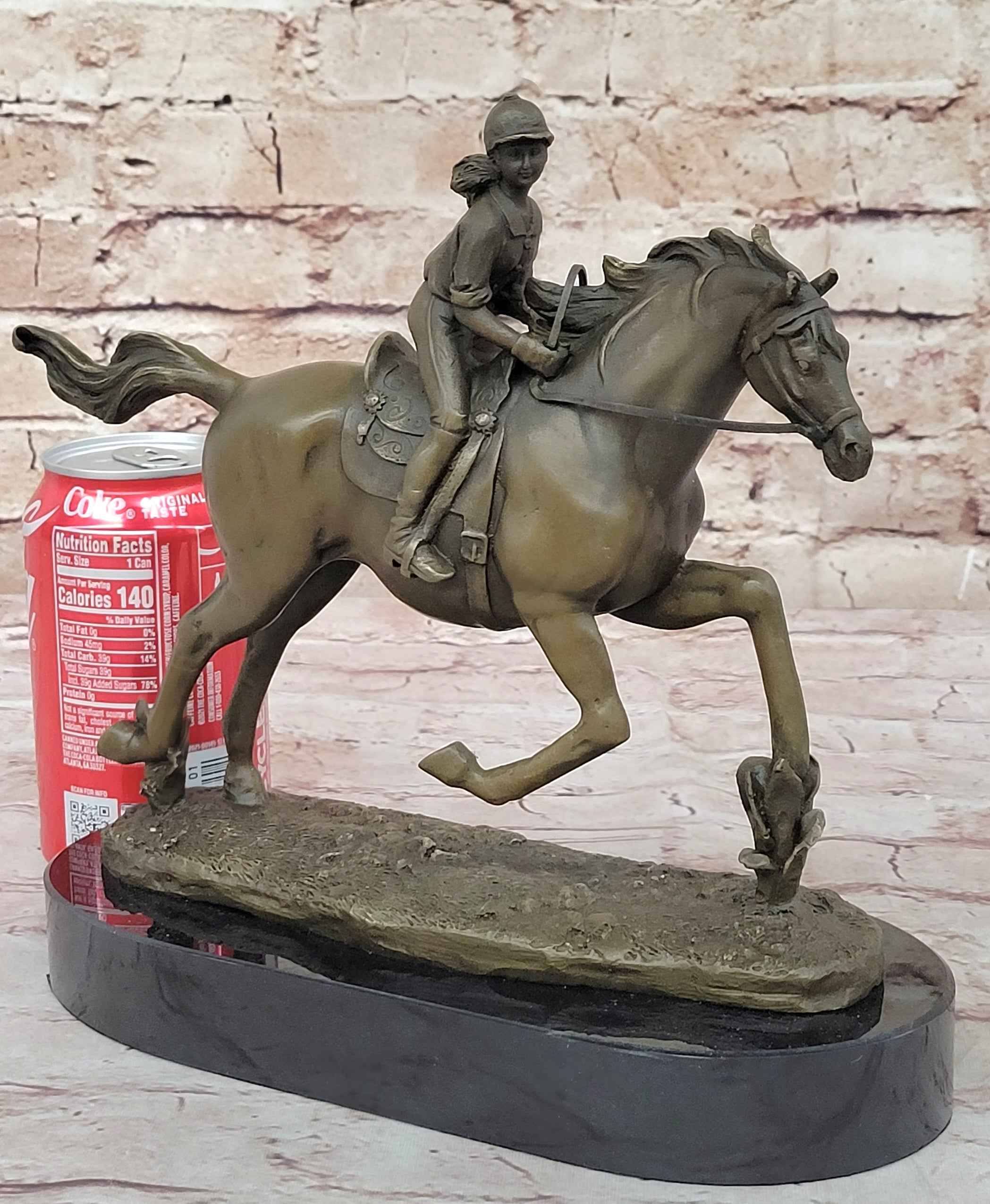 Female Equestrian Jockey Horseback Riding Bronze Statue Sculpture Figure 9" x 9"