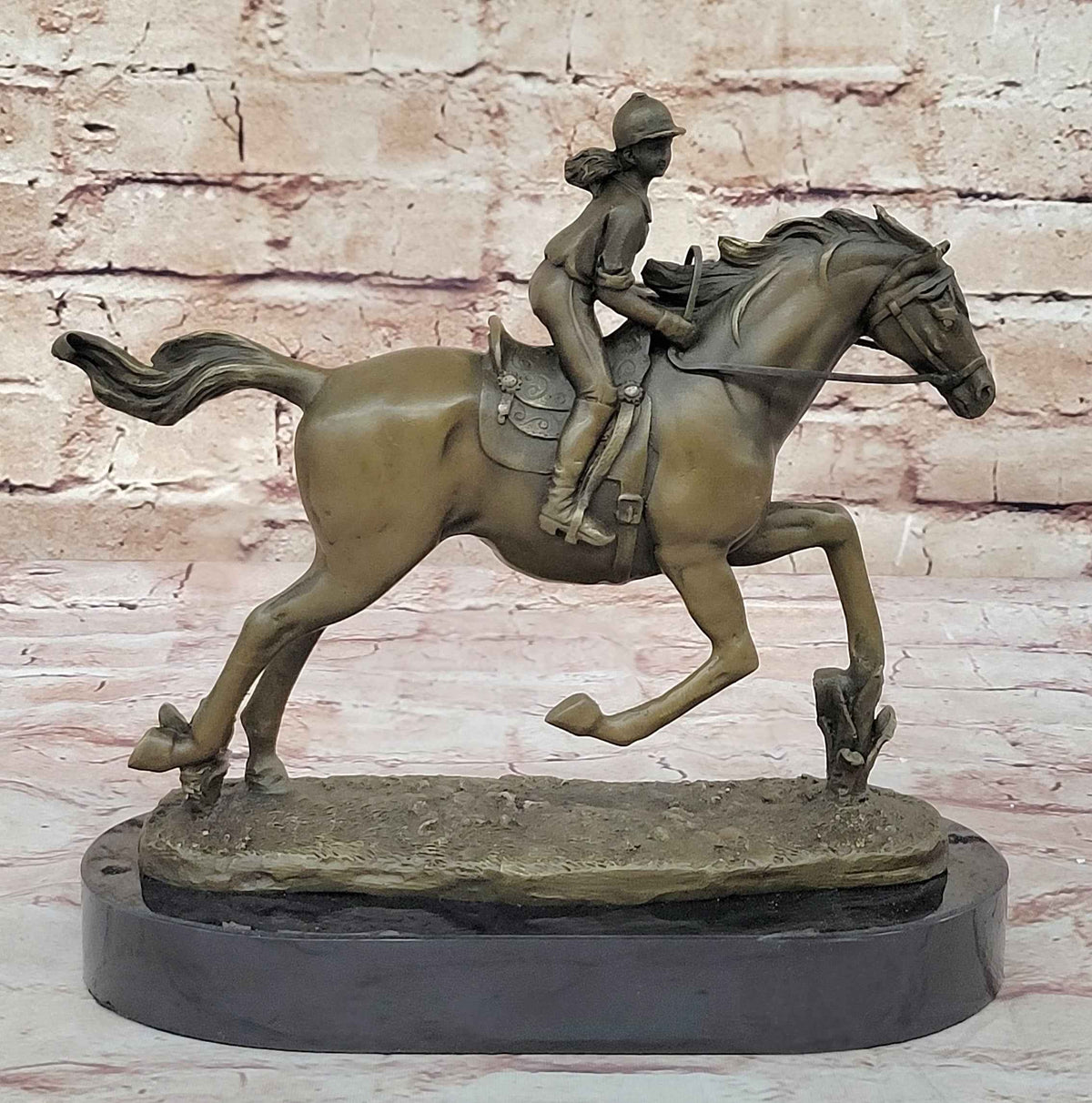 Female Equestrian Jockey Horseback Riding Bronze Statue Sculpture Figure 9" x 9"