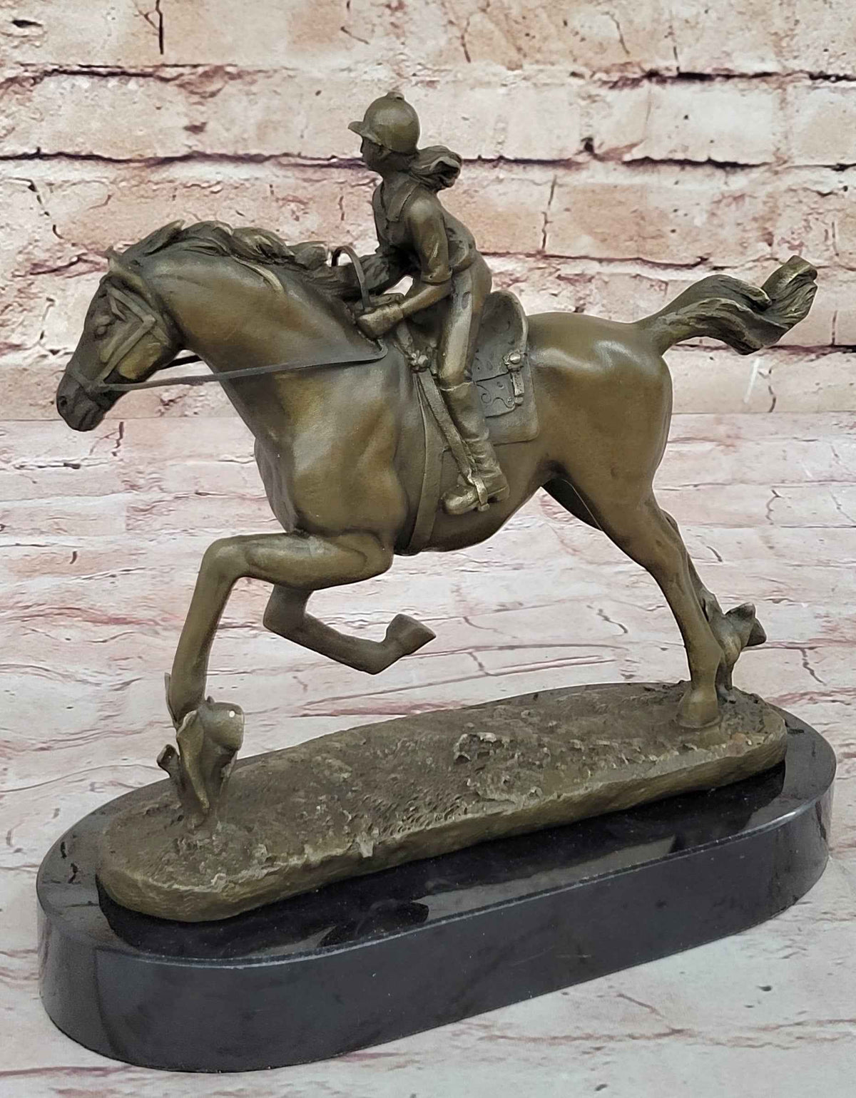 Female Equestrian Jockey Horseback Riding Bronze Statue Sculpture Figure 9" x 9"