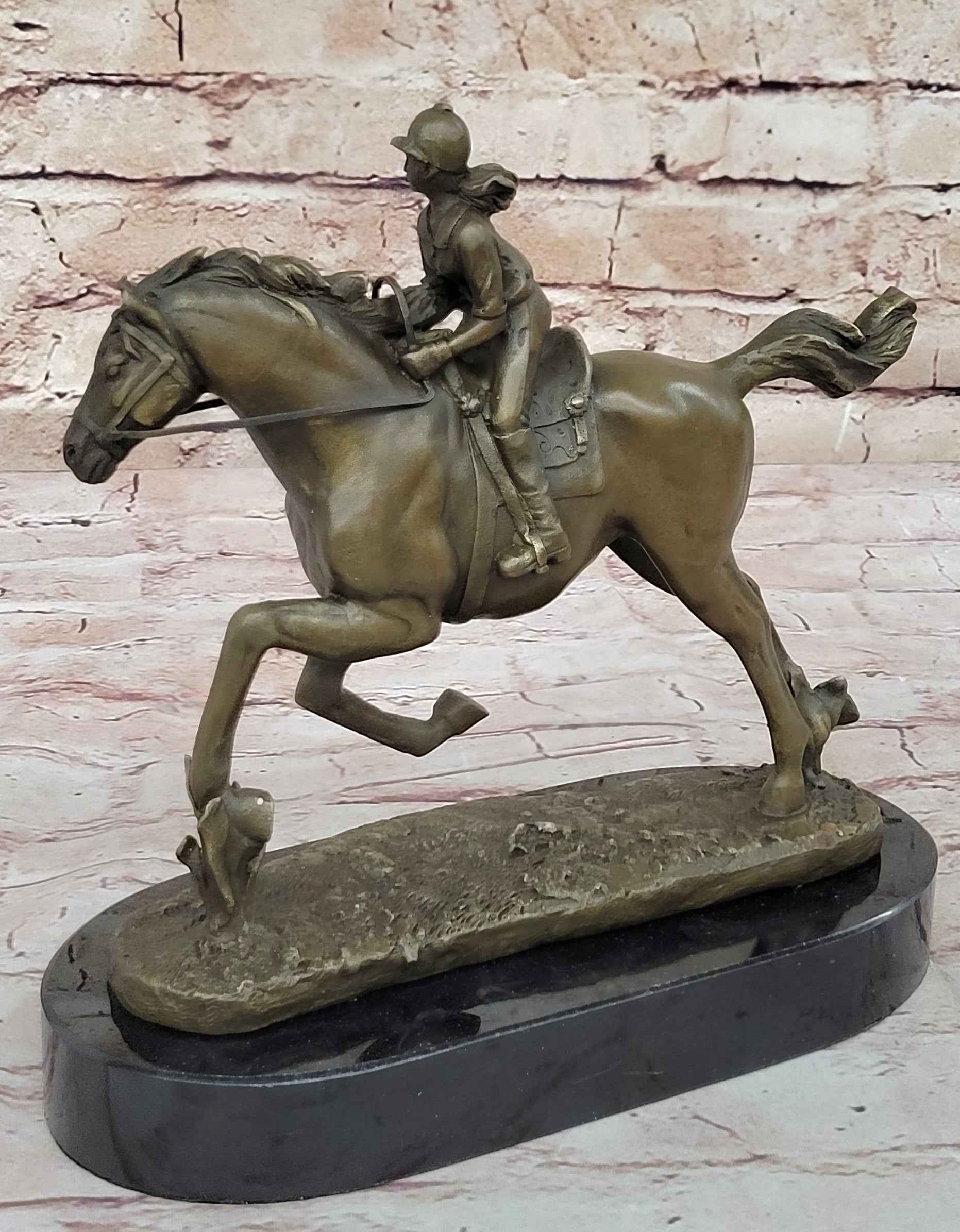 Female Equestrian Jockey Horseback Riding Bronze Statue Sculpture Figure 9" x 9"