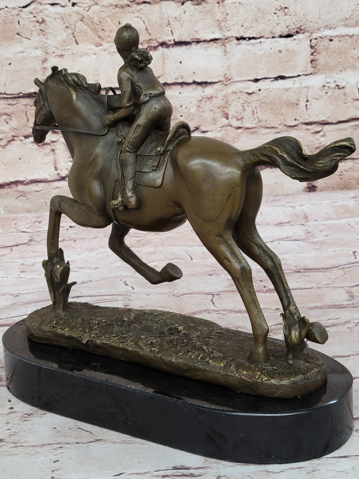 Female Equestrian Jockey Horseback Riding Bronze Statue Sculpture Figure 9" x 9"