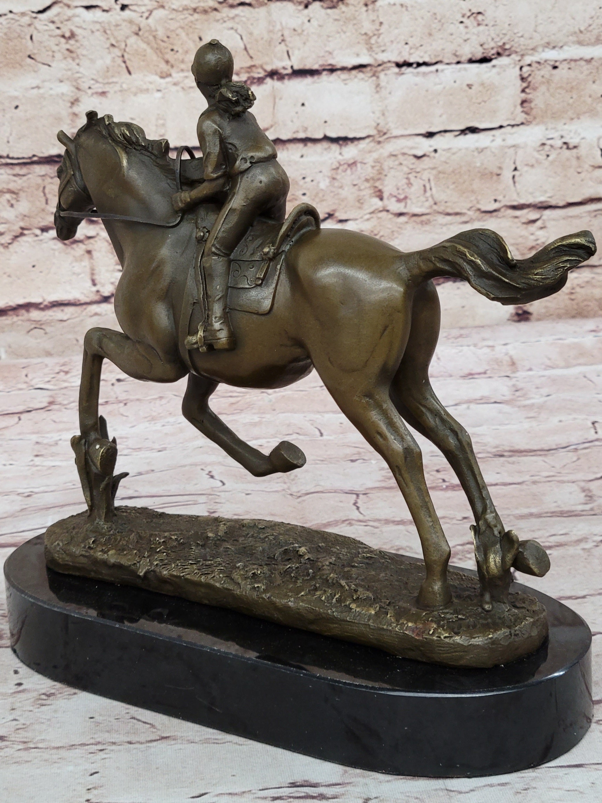 Female Equestrian Jockey Horseback Riding Bronze Statue Sculpture Figure 9" x 9"