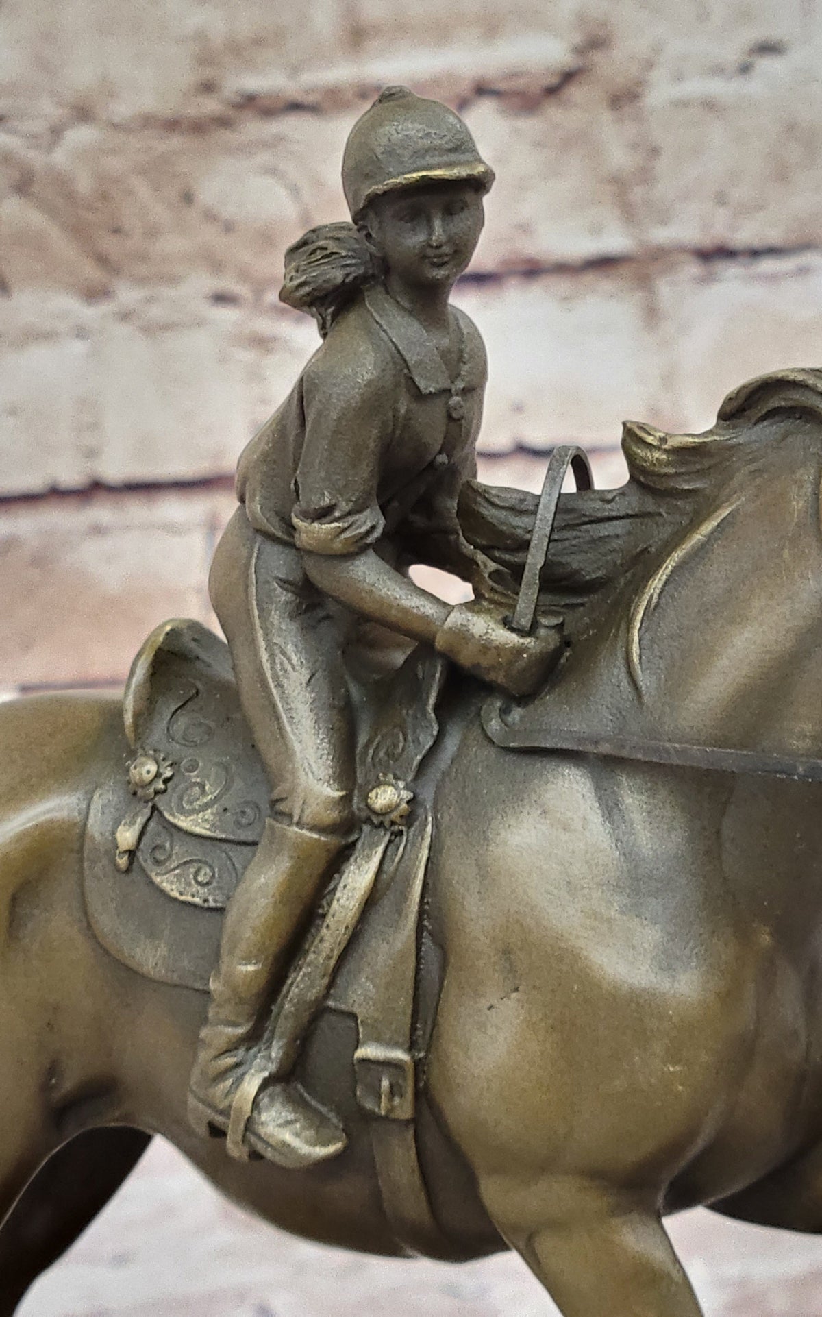 Female Equestrian Jockey Horseback Riding Bronze Statue Sculpture Figure 9" x 9"
