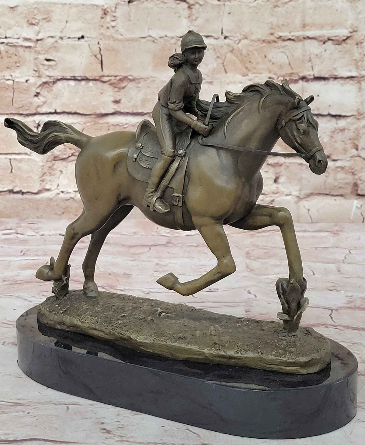 Female Equestrian Jockey Horseback Riding Bronze Statue Sculpture Figure 9" x 9"
