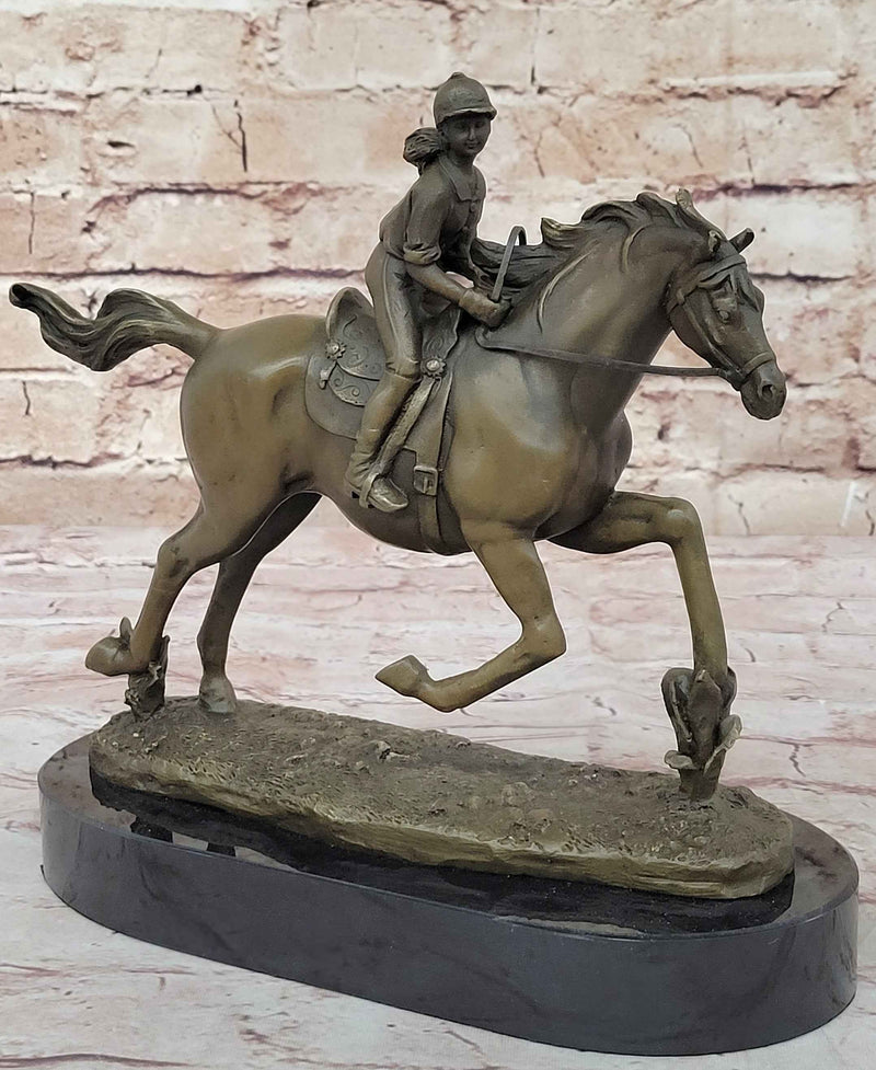 Female Equestrian Jockey Horseback Riding Bronze Statue Sculpture Figure 9" x 9"