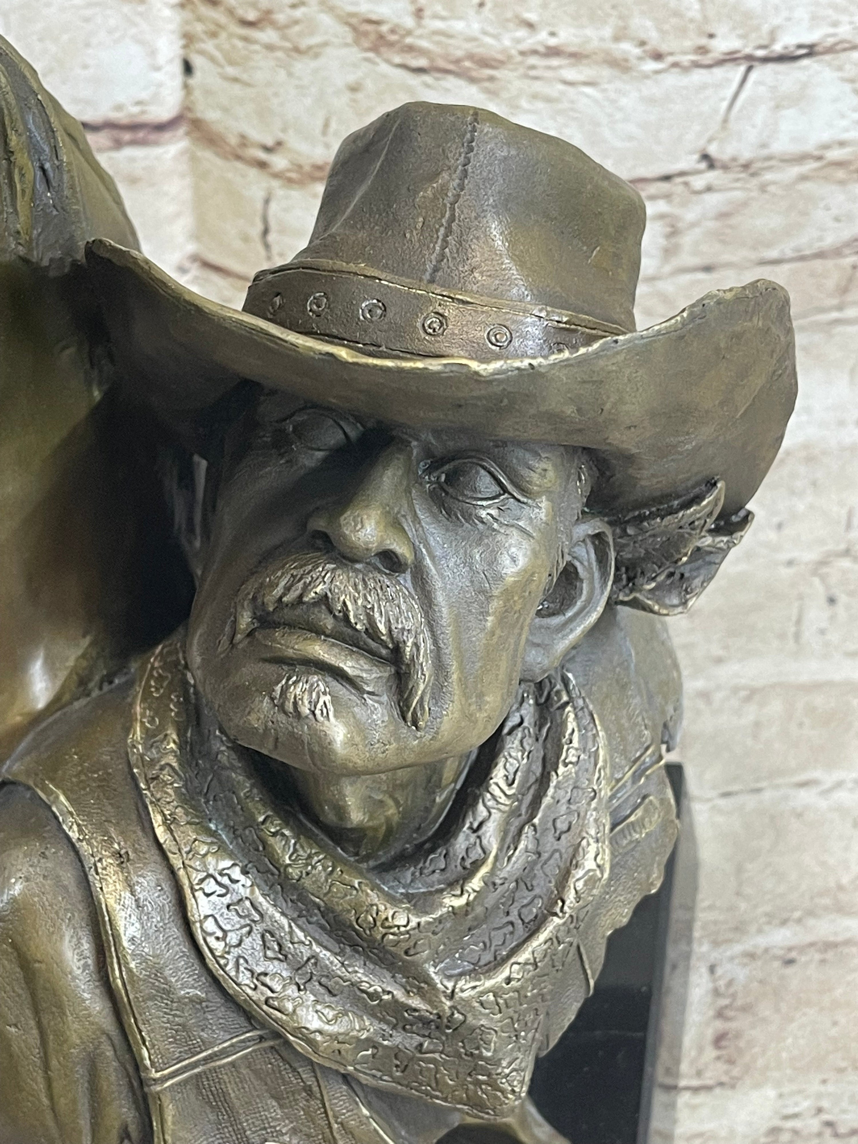 Western Art Old West Cowboy With Horse Bronze Bust Sculpture Marble Statue Decor