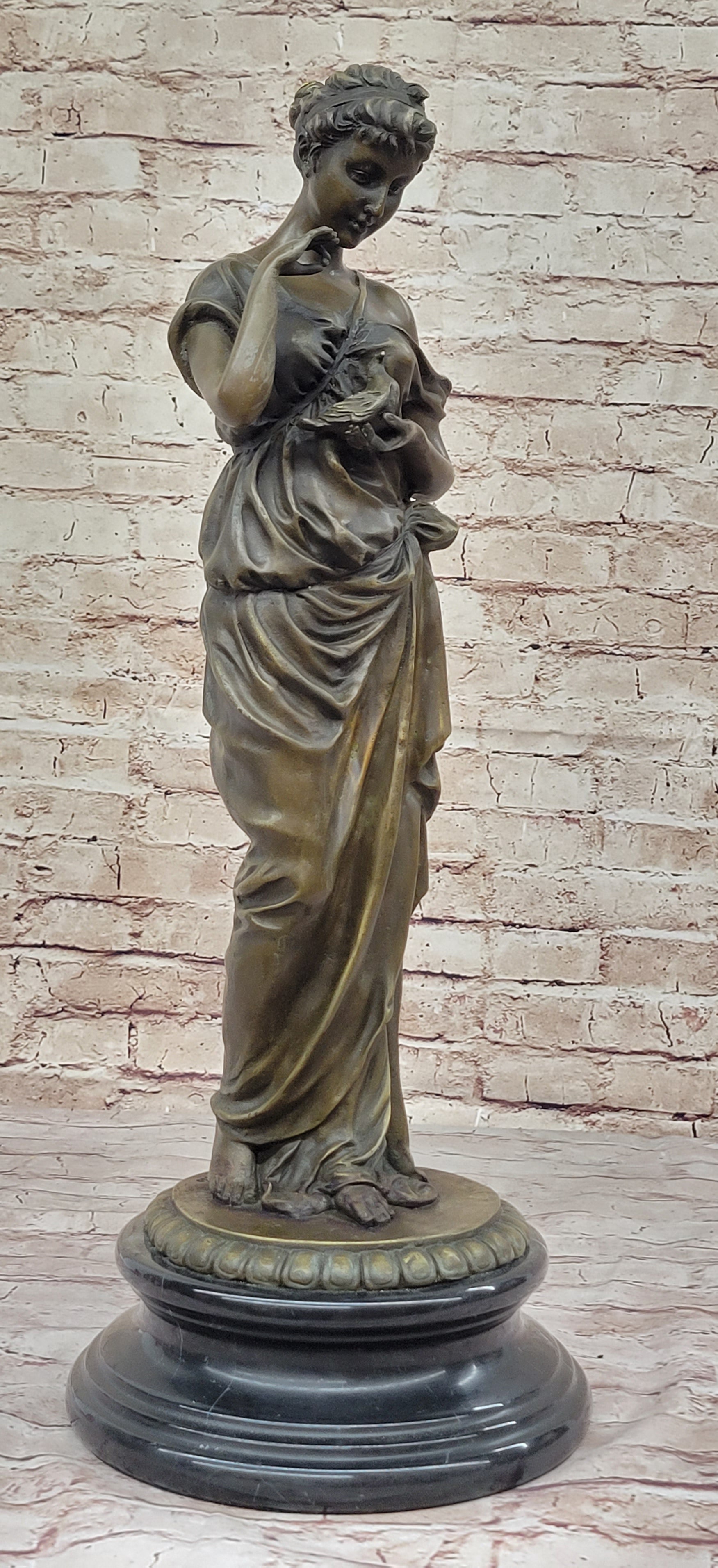 Classical Beautiful Girl Holding A Bird Dove Bronze Metal Statue Sculpture Art