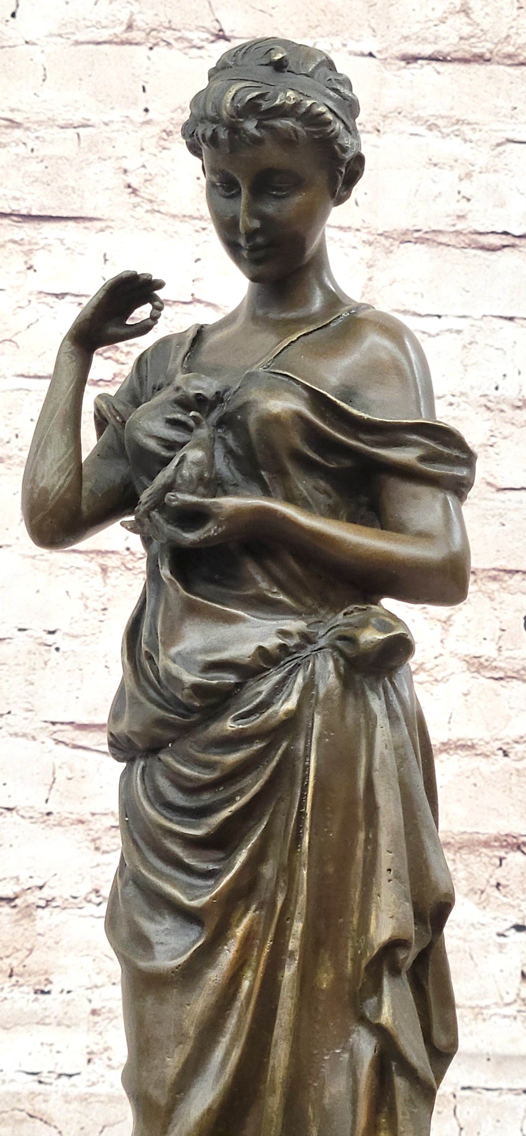 Classical Beautiful Girl Holding A Bird Dove Bronze Metal Statue Sculpture Art