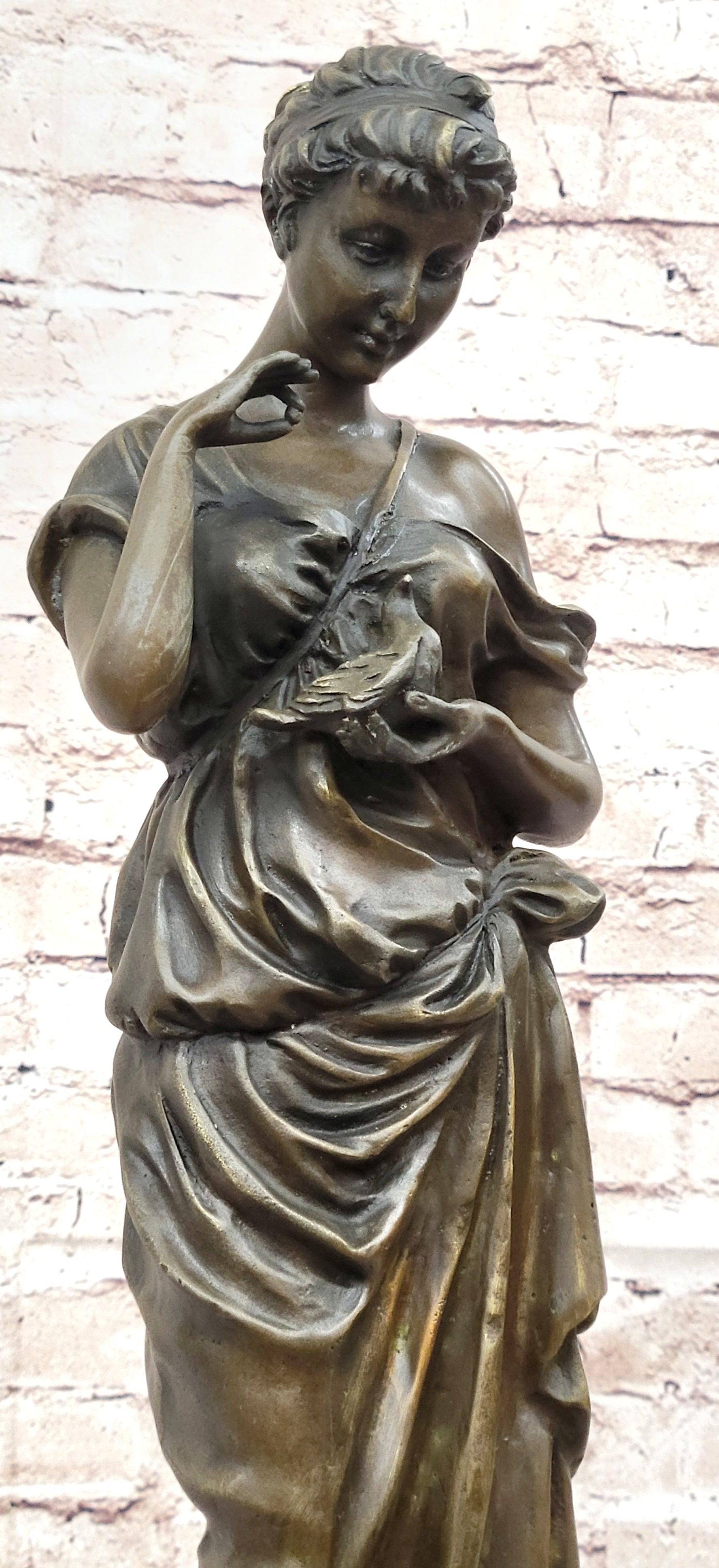 Classical Beautiful Girl Holding A Bird Dove Bronze Metal Statue Sculpture Art