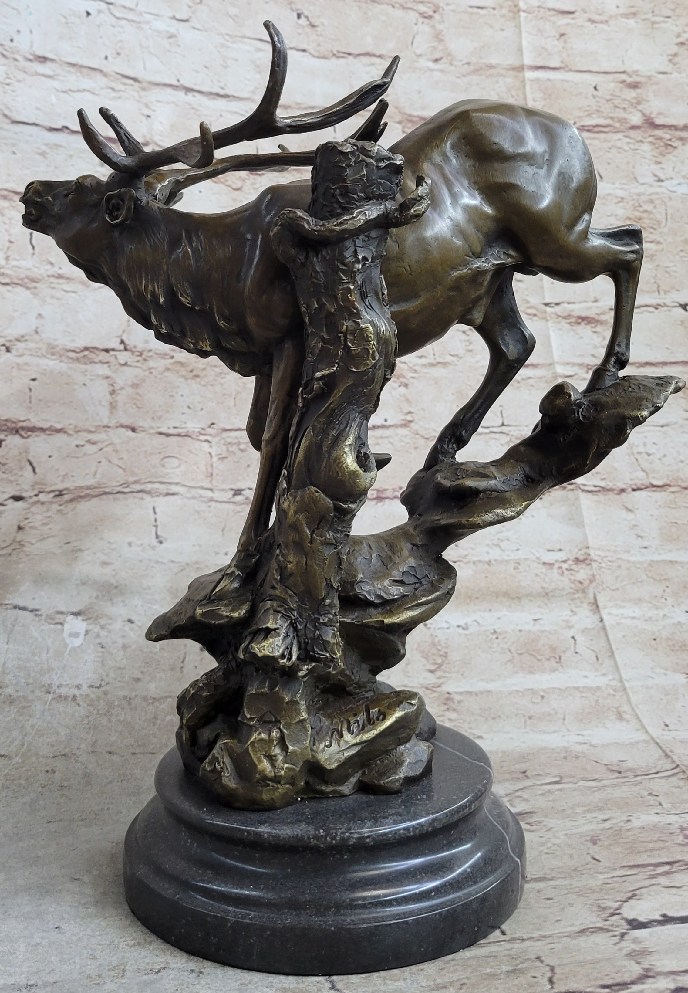 Bronze Marble Statue Elk Deer Stag Hunter Wildlife Art Sculpture Figure Lost Wax