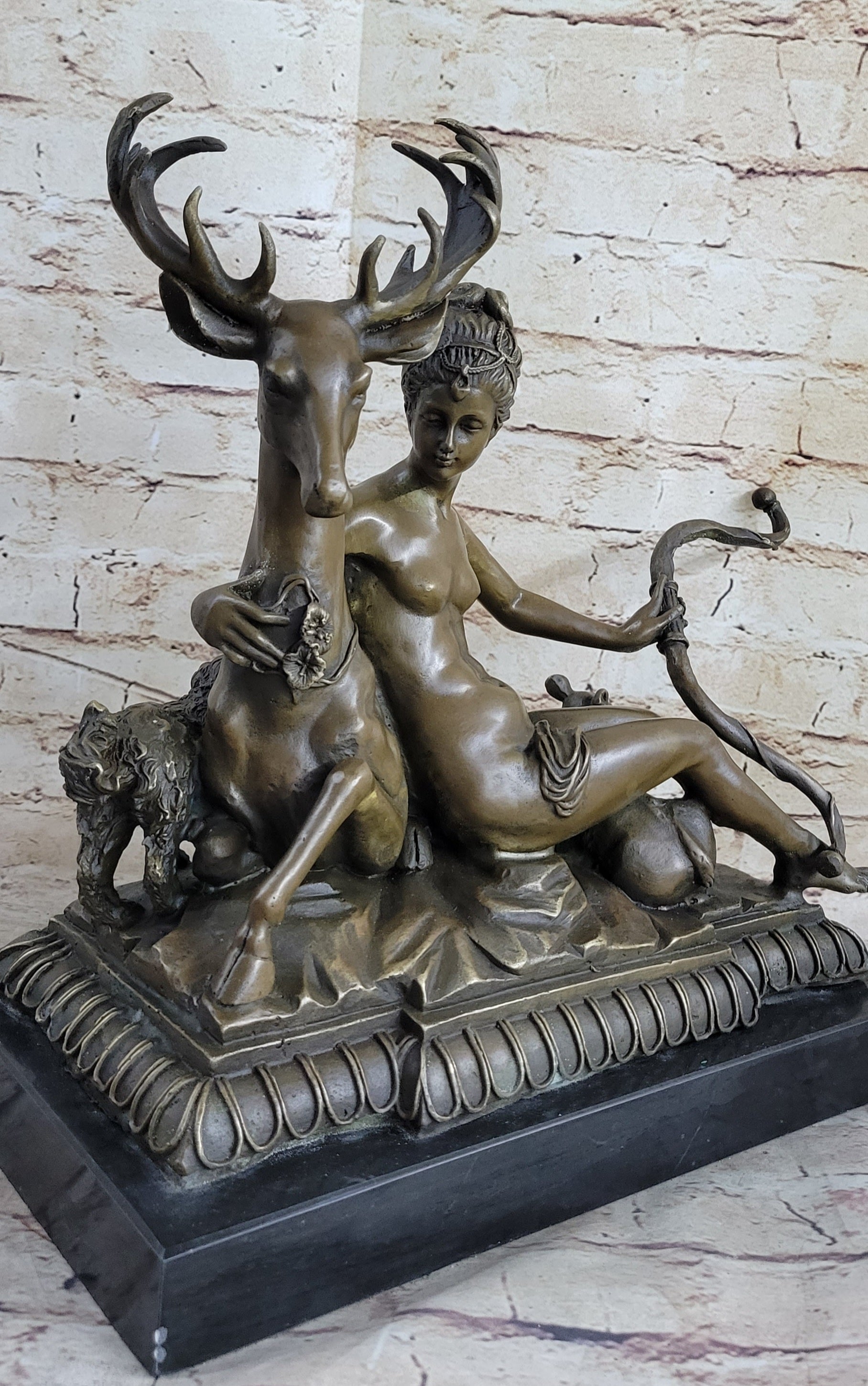 Greek Goddess Artemis Roman Diana Huntress Nude Bronze Sculpture w/ Deer by Milo