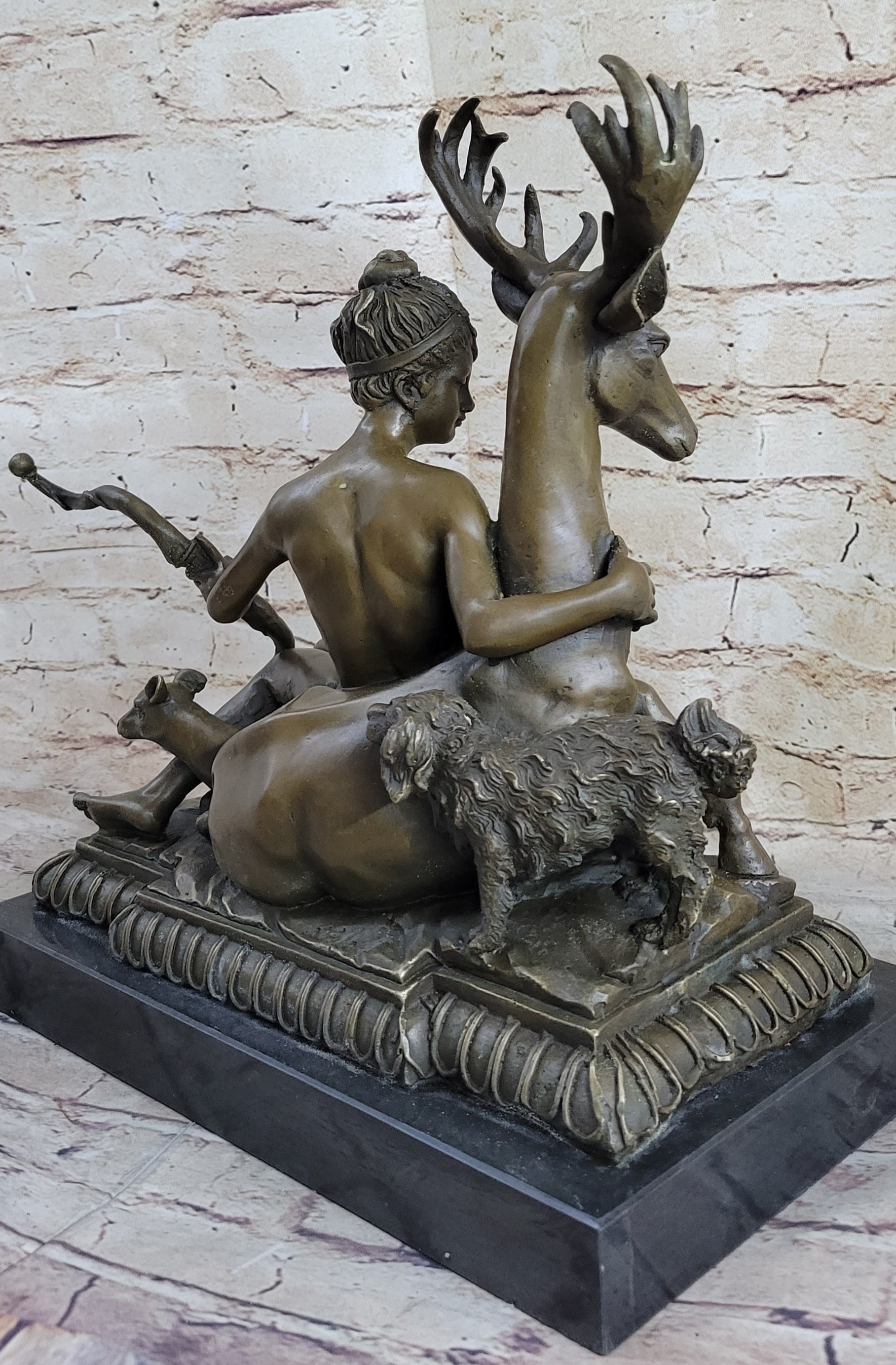 Greek Goddess Artemis Roman Diana Huntress Nude Bronze Sculpture w/ Deer by Milo