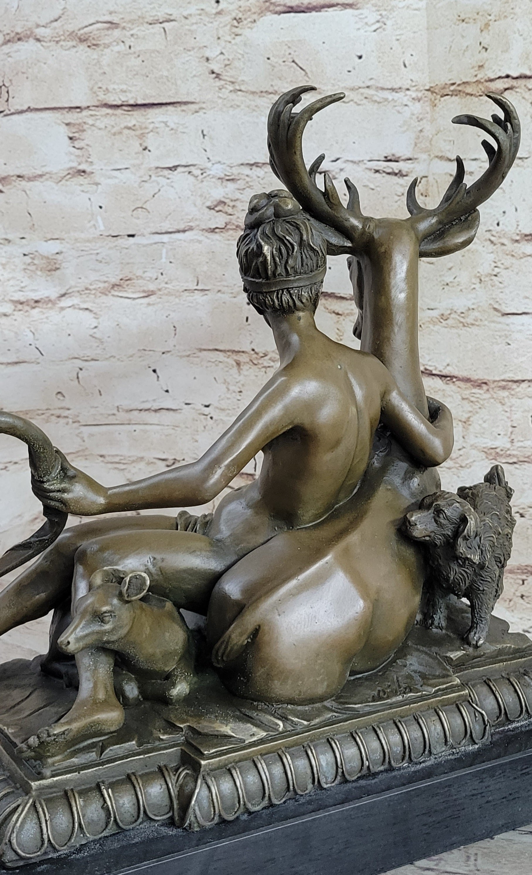 Greek Goddess Artemis Roman Diana Huntress Nude Bronze Sculpture w/ Deer by Milo