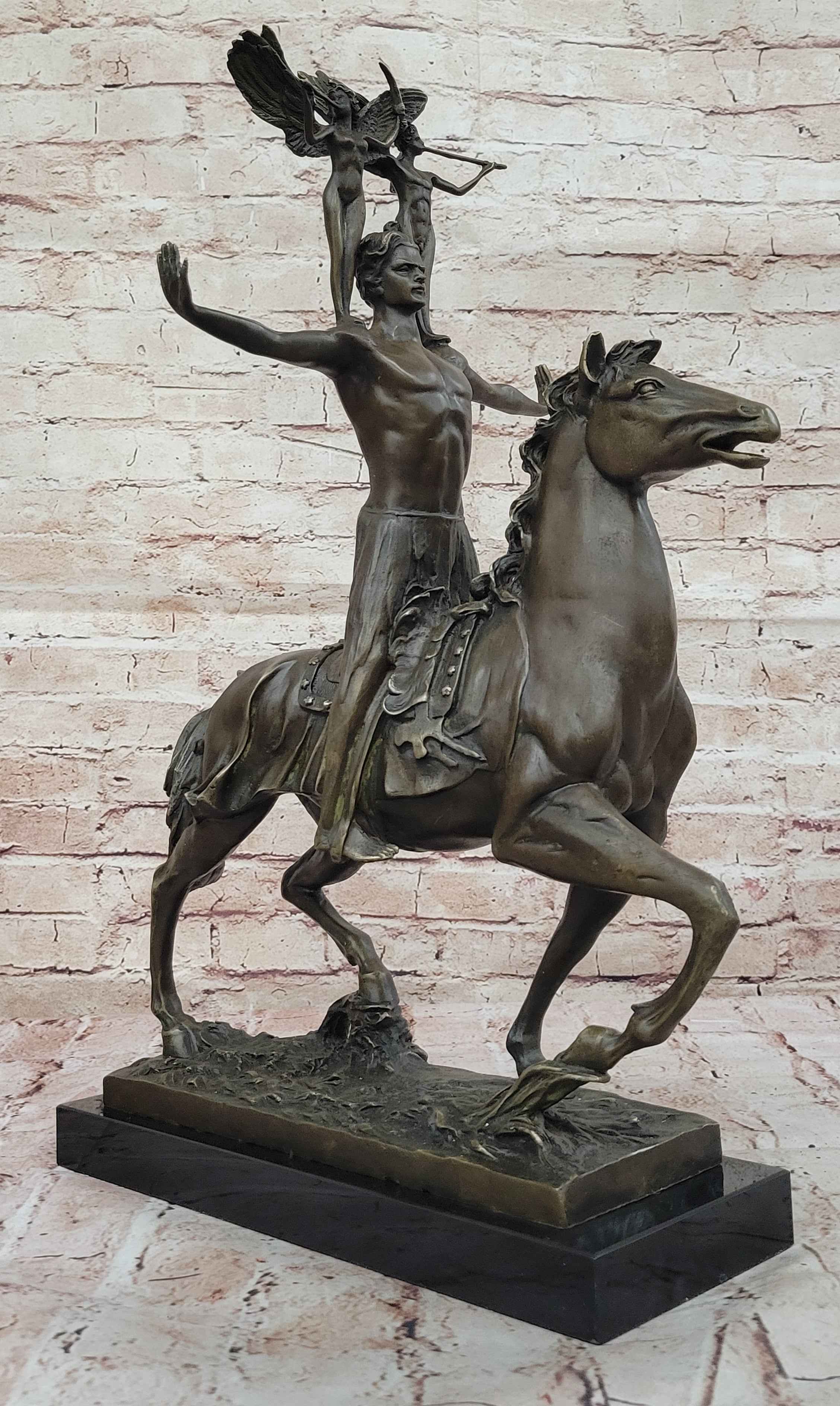 Majestic Bronze Sculpture of Warrior on Horseback with Winged Figures – Mythical Heroic Statue