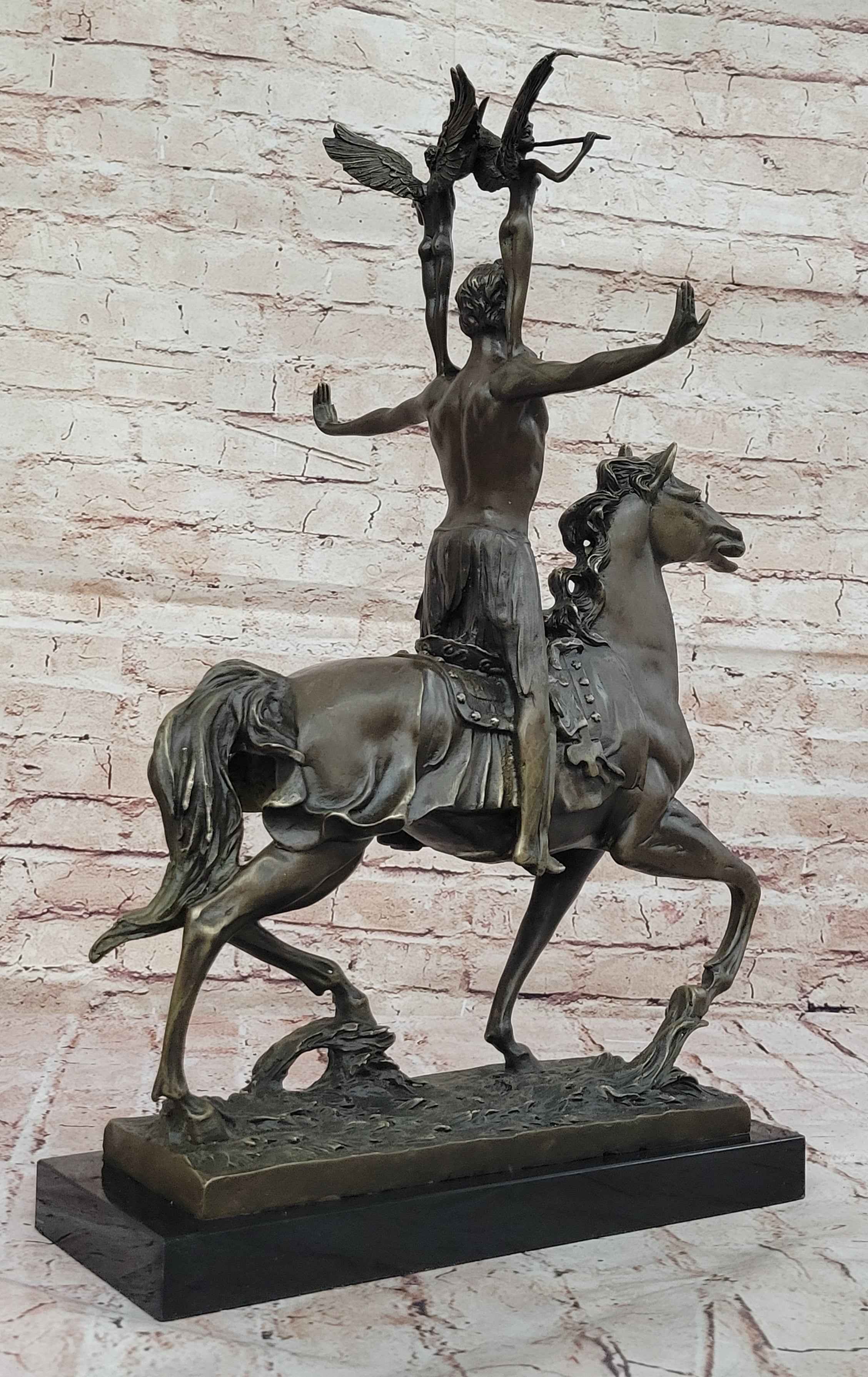 Majestic Bronze Sculpture of Warrior on Horseback with Winged Figures – Mythical Heroic Statue