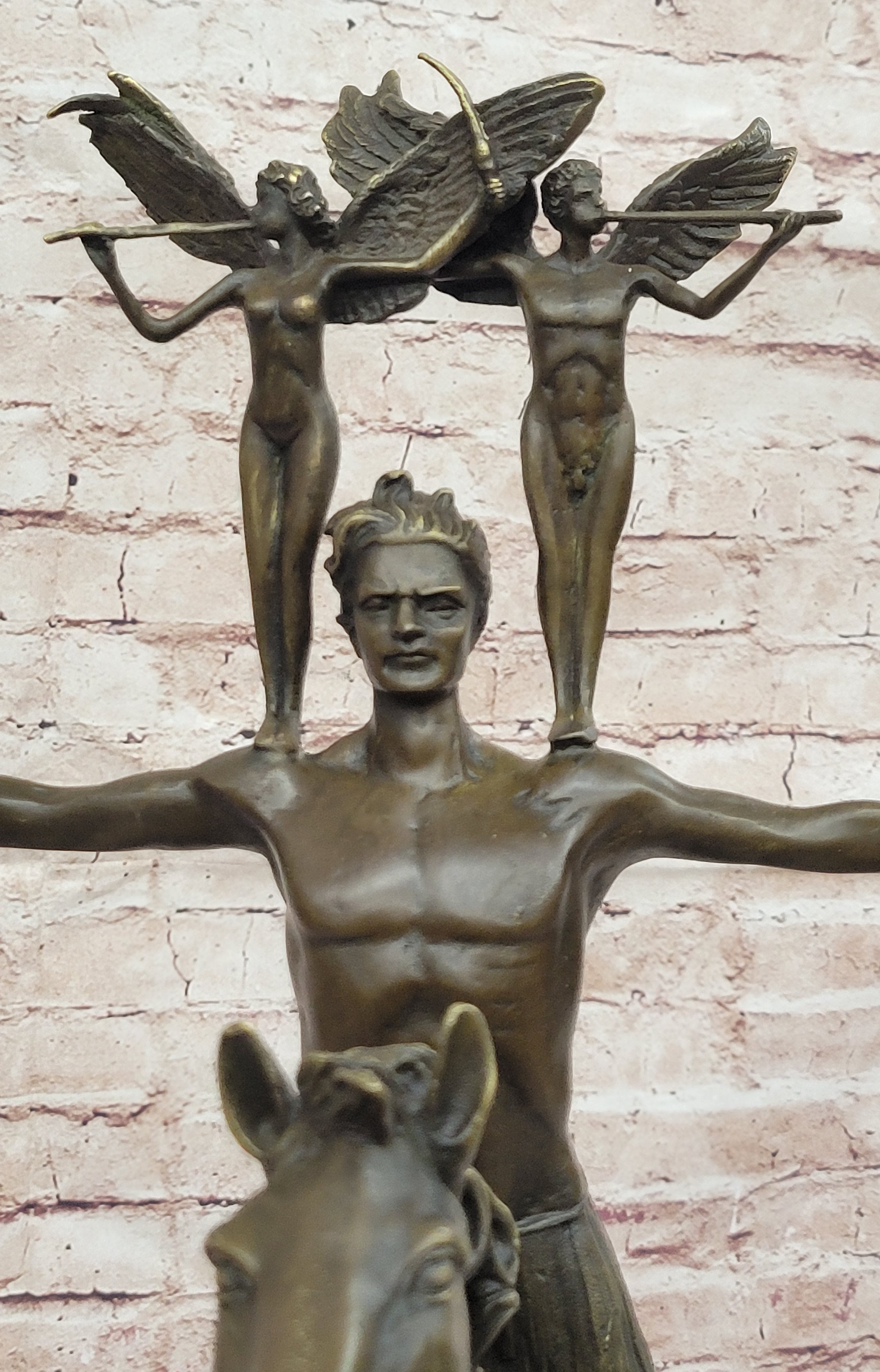 Majestic Bronze Sculpture of Warrior on Horseback with Winged Figures – Mythical Heroic Statue