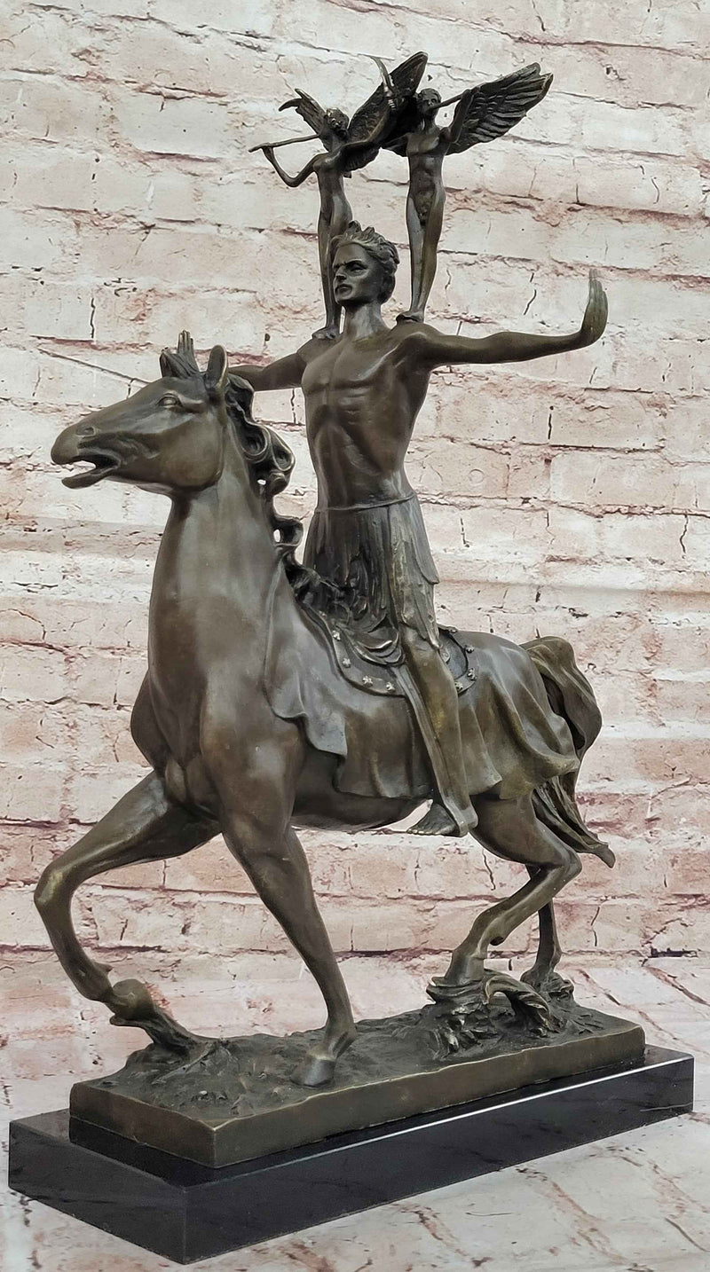 Majestic Bronze Sculpture of Warrior on Horseback with Winged Figures – Mythical Heroic Statue