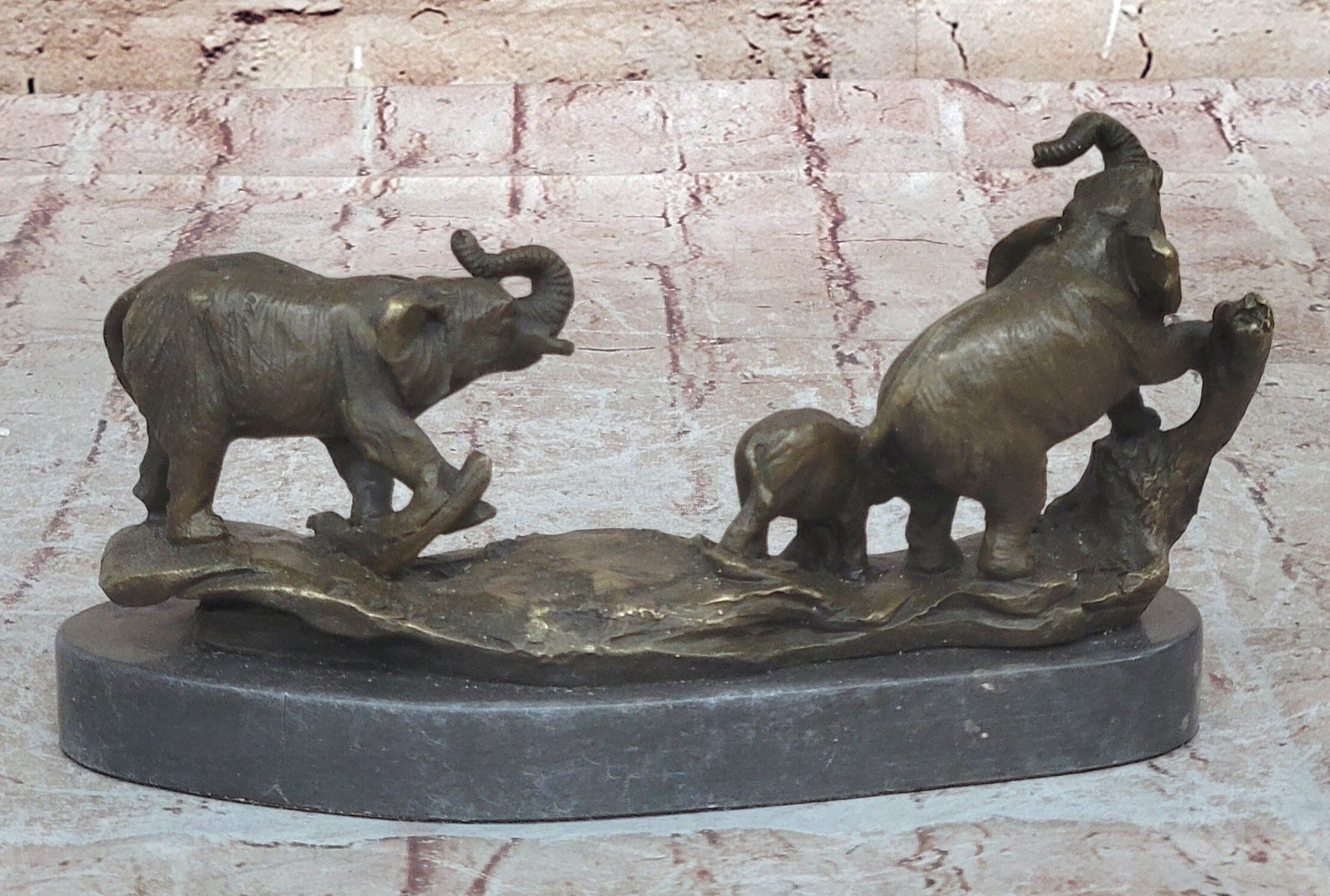 Three Elephants Family - Hot Cast Bronze Sculpture of African Wildlife on Marble Base