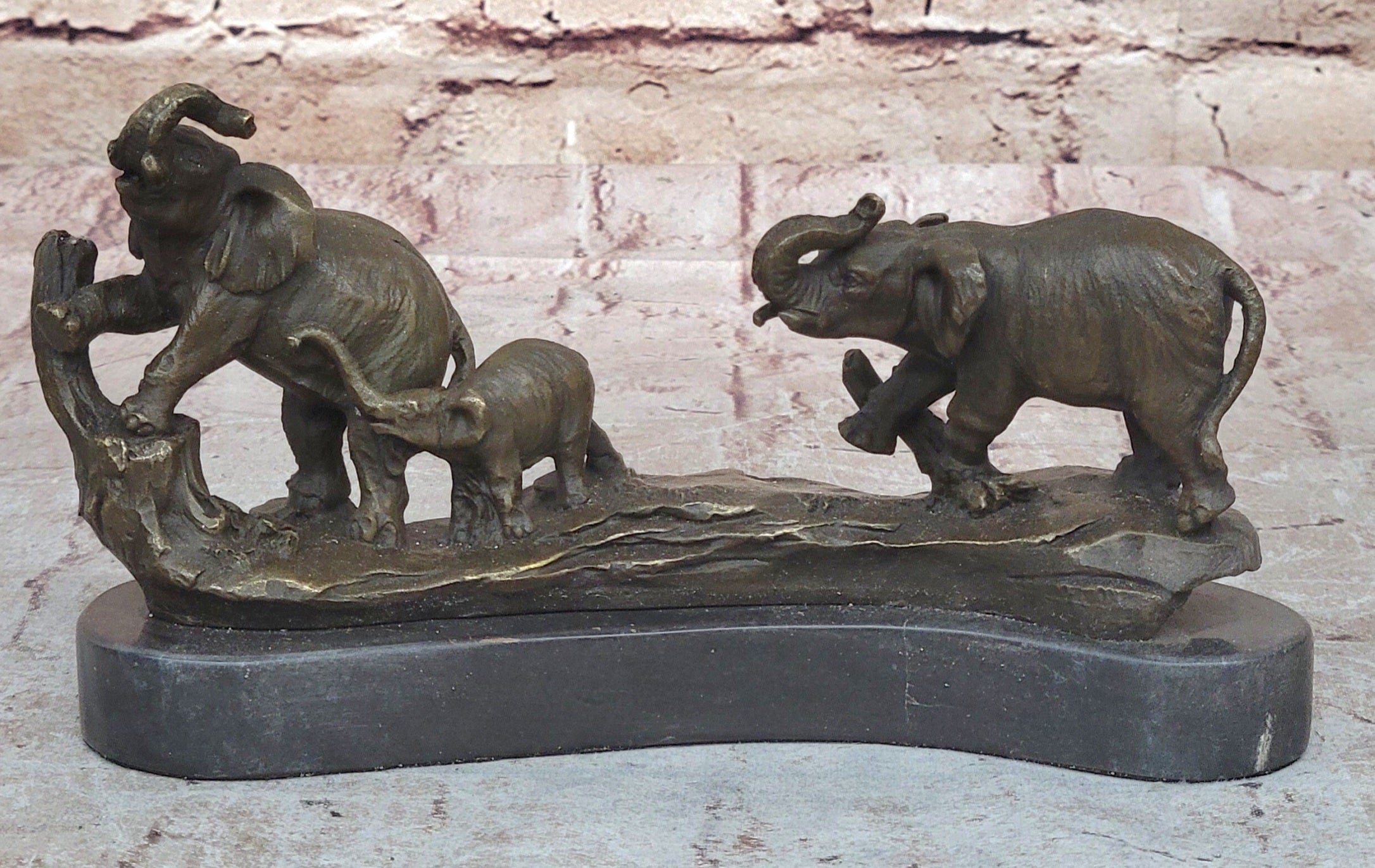 Three Elephants Family - Hot Cast Bronze Sculpture of African Wildlife on Marble Base