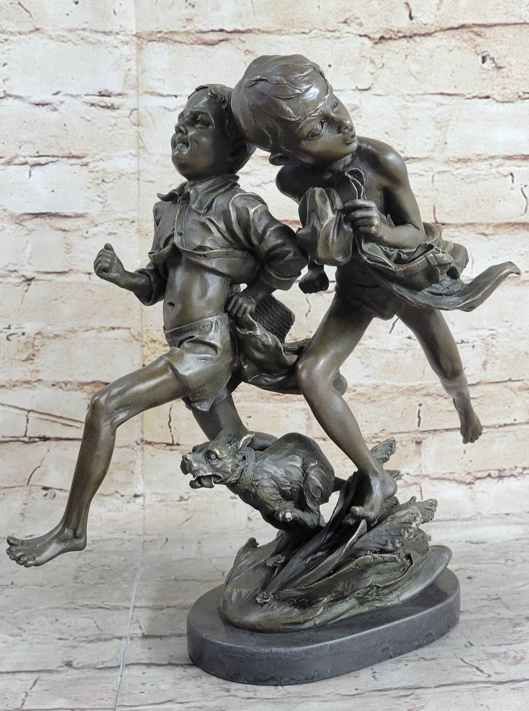 Two Running Boys with a dog Children Bronze Sculpture Marble Base Statue Figure