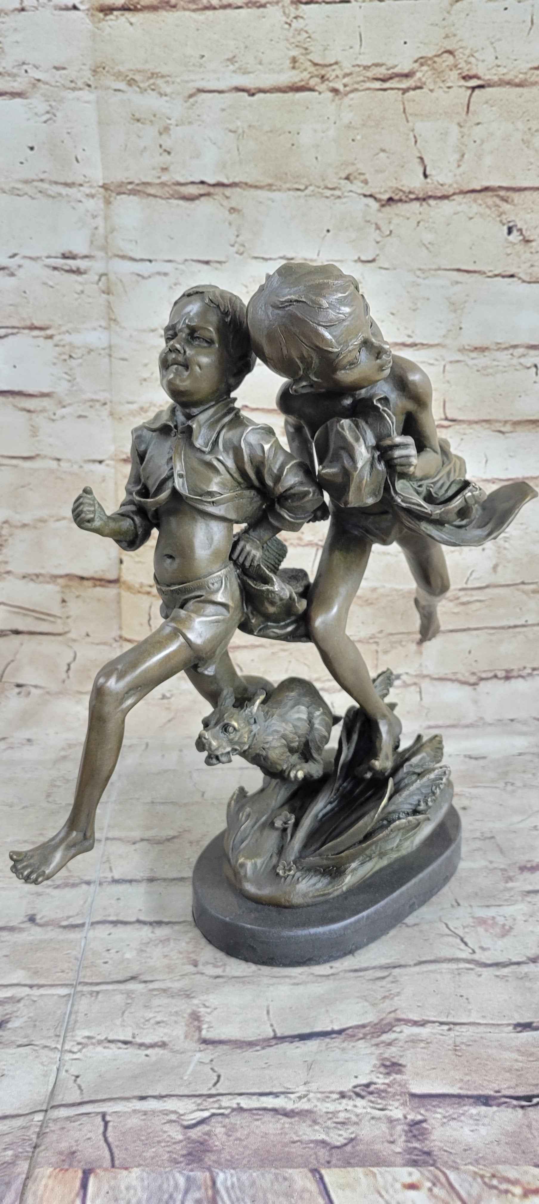 Two Running Boys with a dog Children Bronze Sculpture Marble Base Statue Figure
