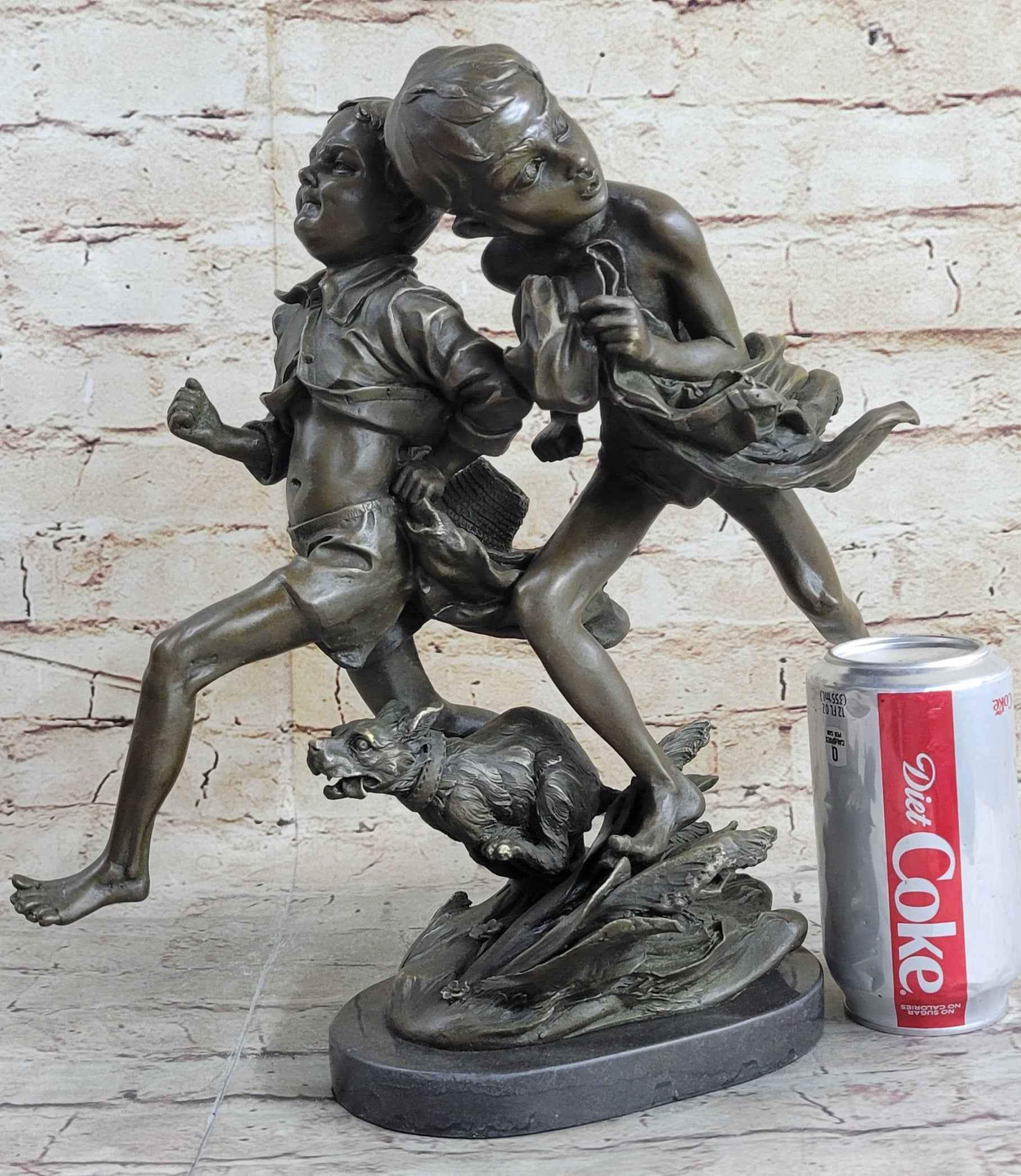 Two Running Boys with a dog Children Bronze Sculpture Marble Base Statue Figure