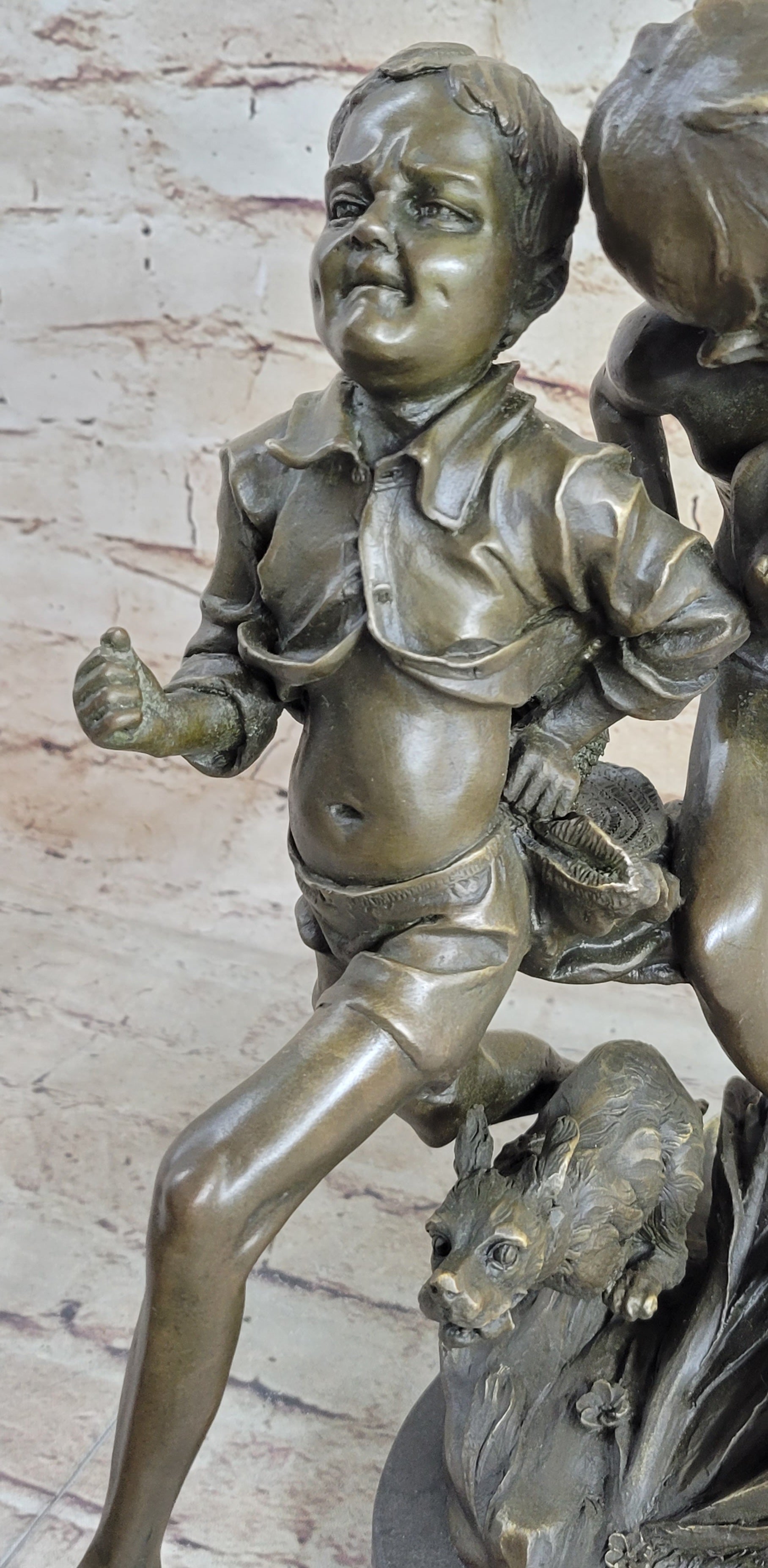 Two Running Boys with a dog Children Bronze Sculpture Marble Base Statue Figure