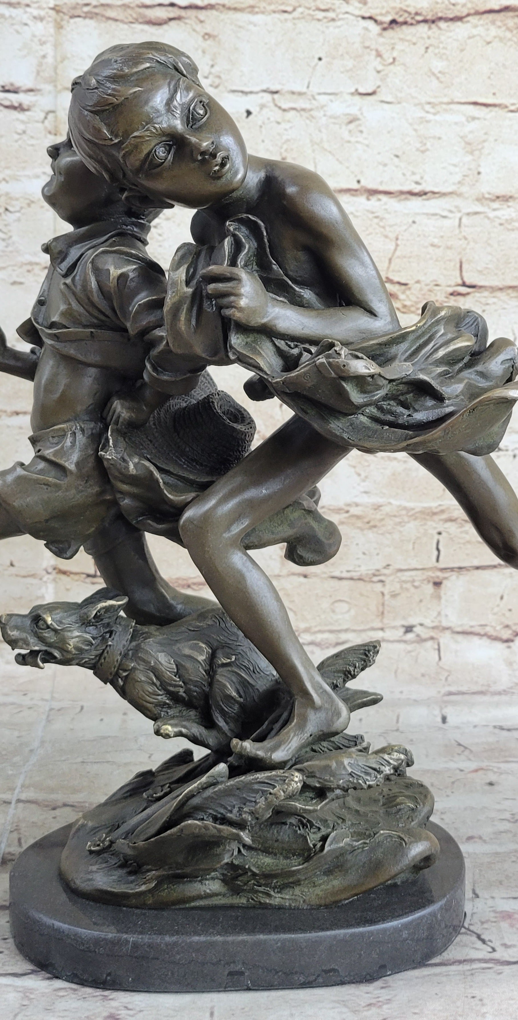 Two Running Boys with a dog Children Bronze Sculpture Marble Base Statue Figure