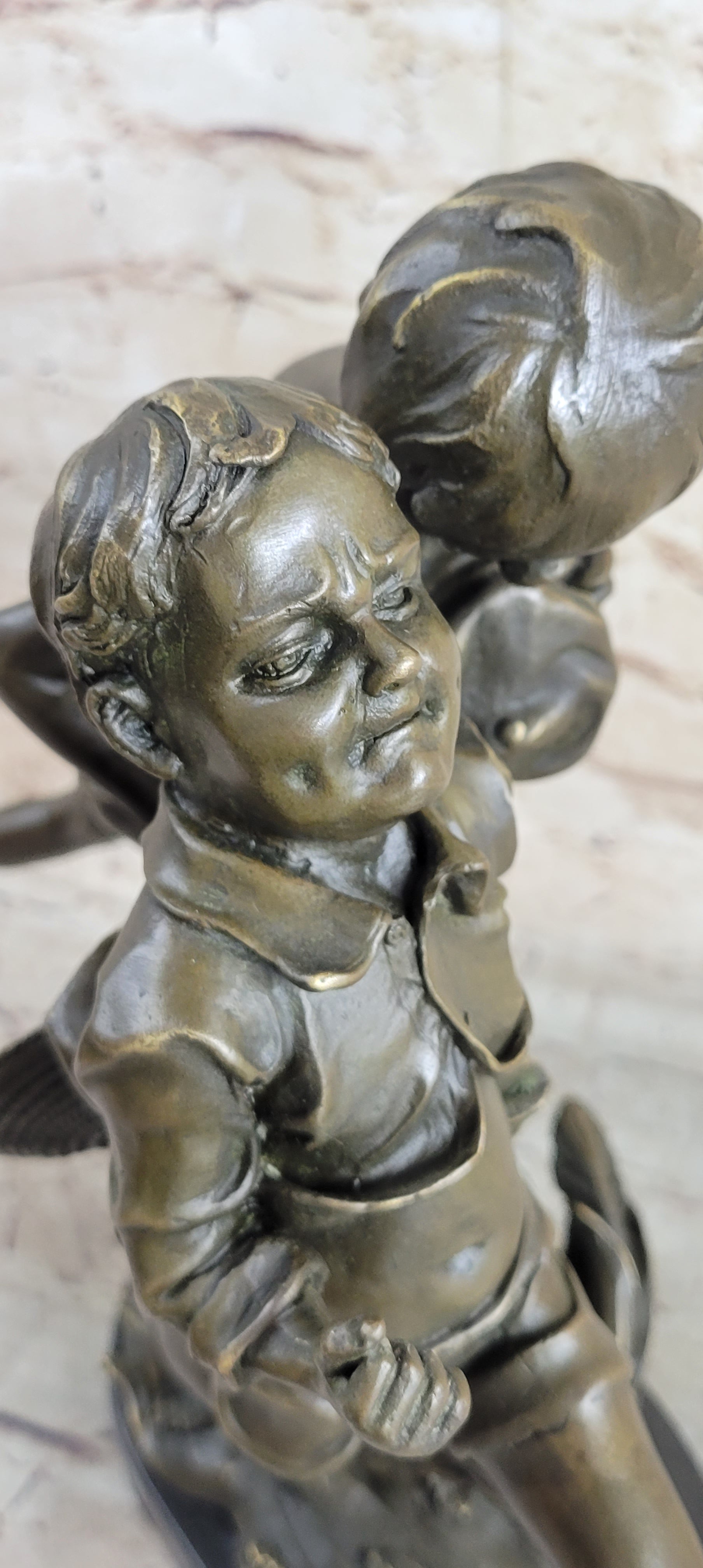 Two Running Boys with a dog Children Bronze Sculpture Marble Base Statue Figure