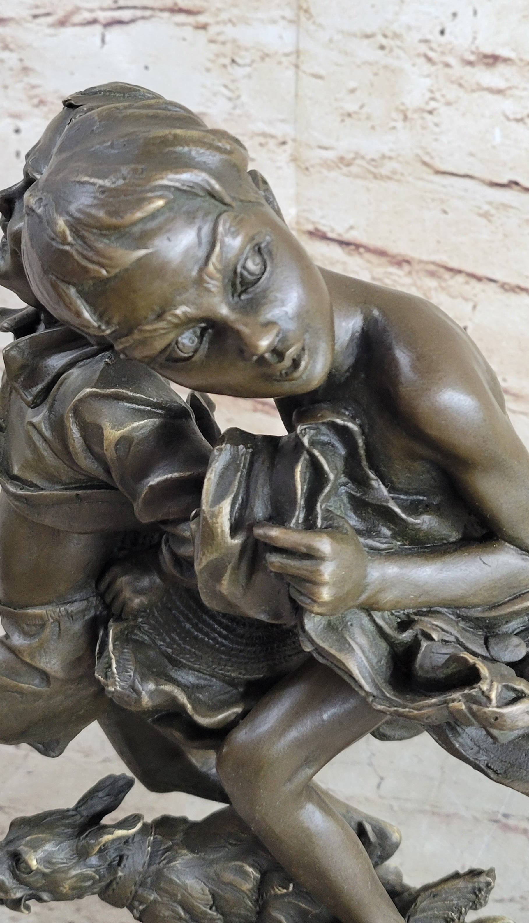 Two Running Boys with a dog Children Bronze Sculpture Marble Base Statue Figure