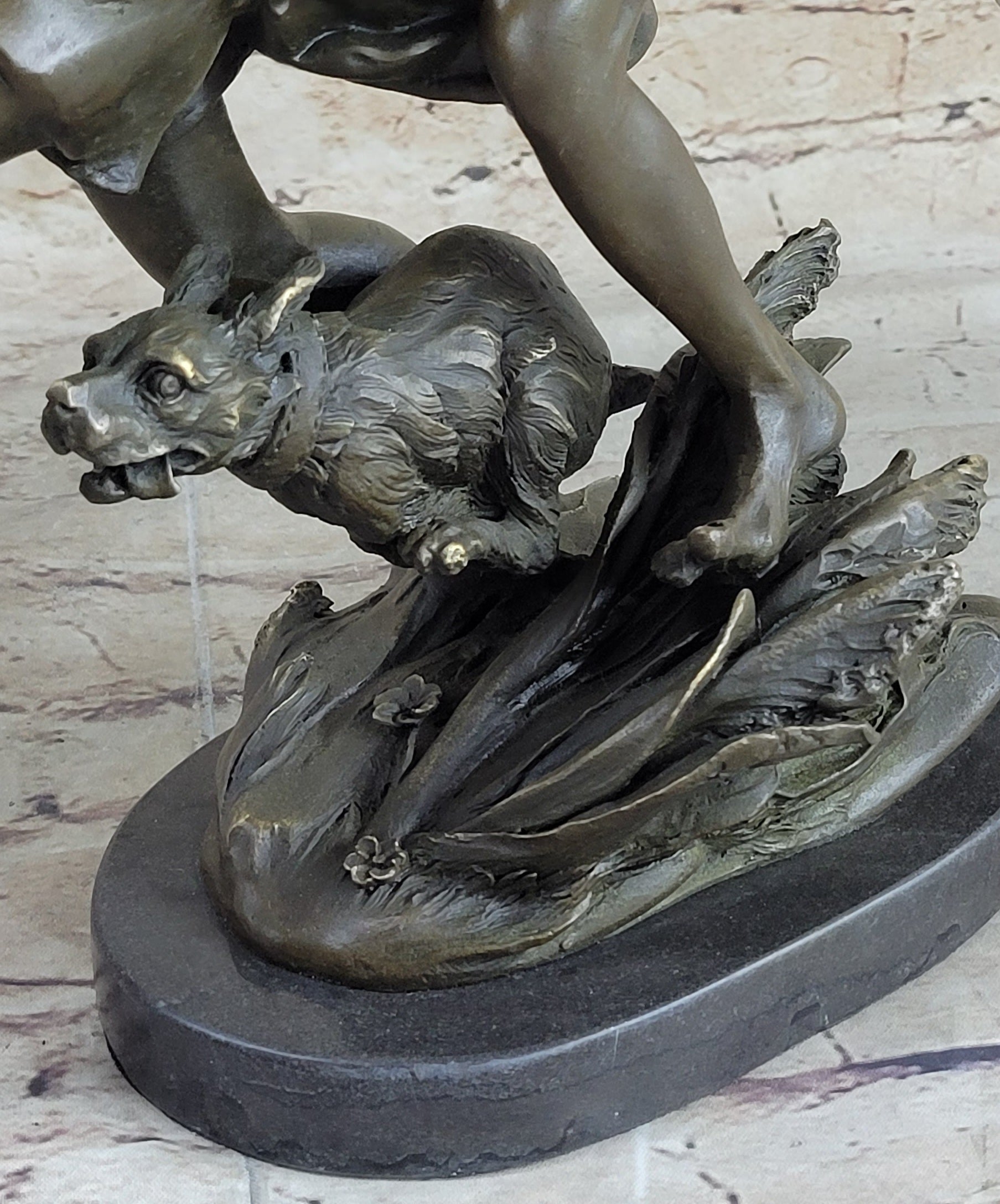 Two Running Boys with a dog Children Bronze Sculpture Marble Base Statue Figure