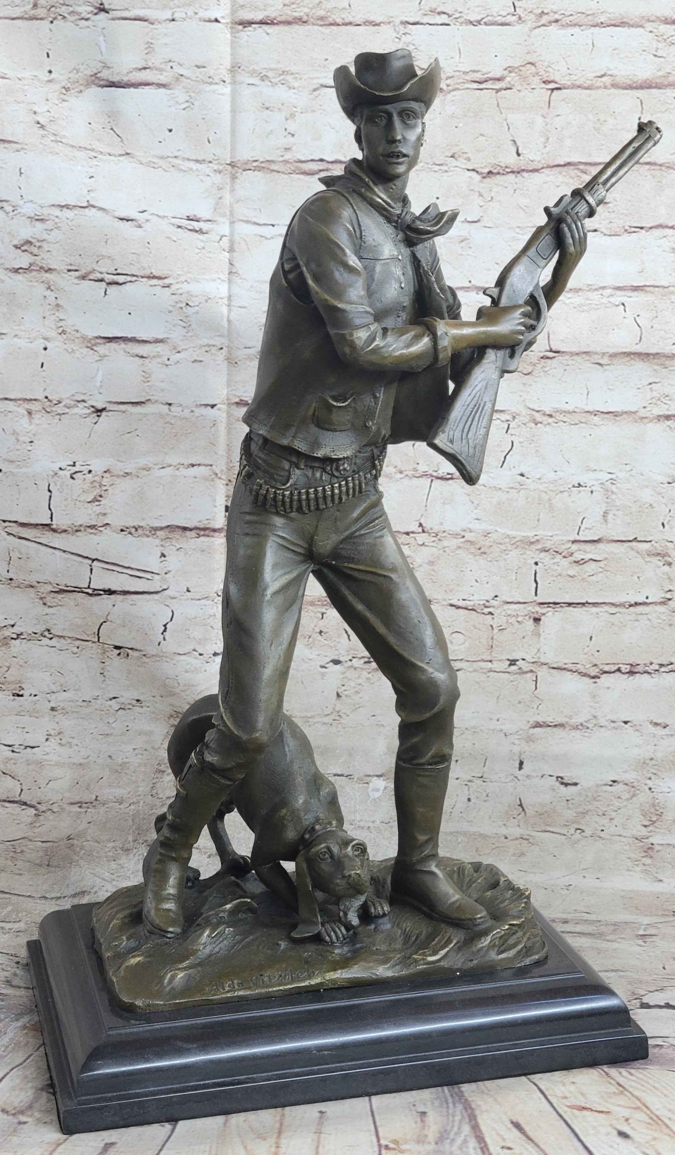 Signed Original Aldo Vitaleh Cowboy W/ Gun and His Dog Bronze Sculpture Statue