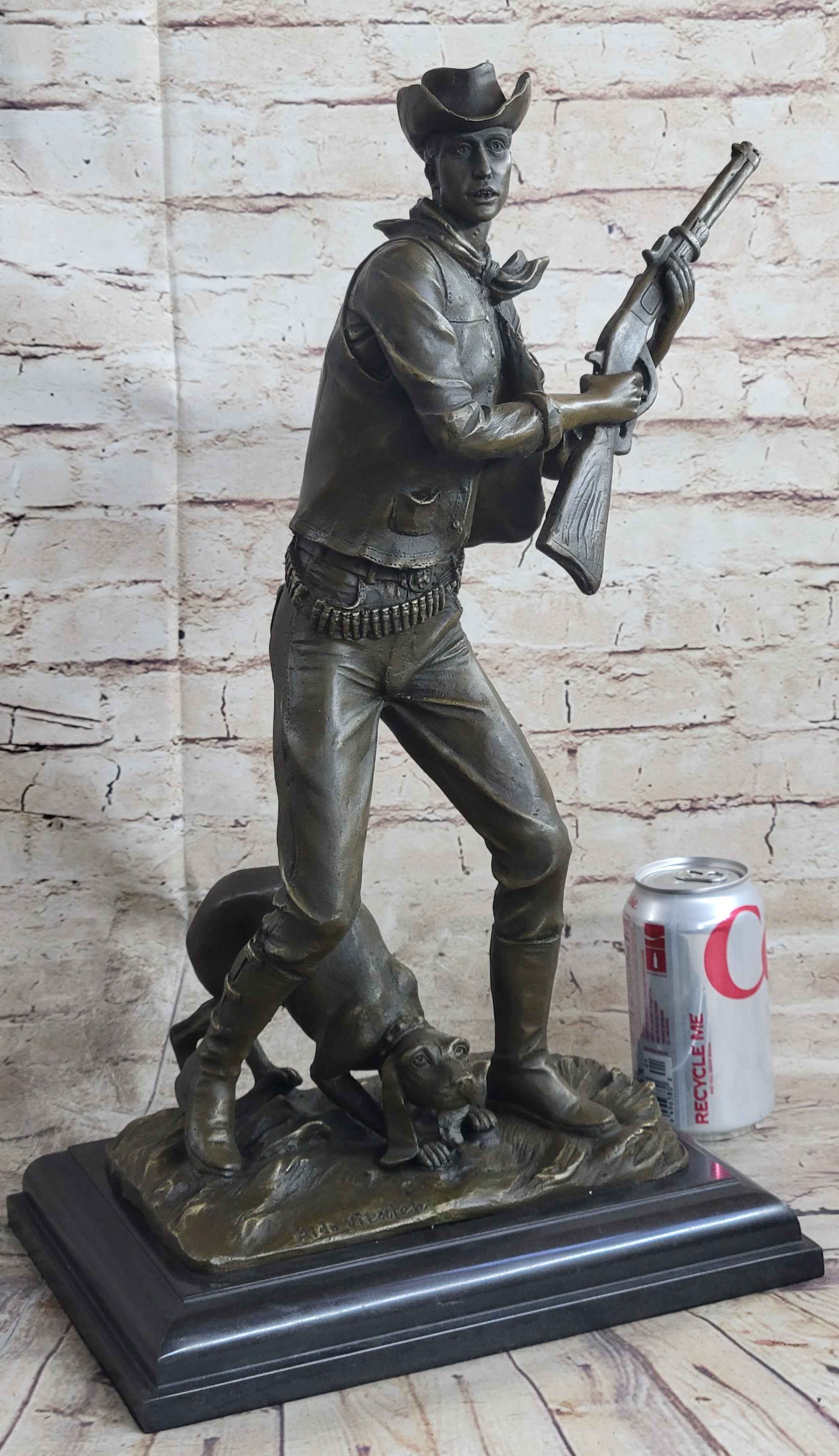 Signed Original Aldo Vitaleh Cowboy W/ Gun and His Dog Bronze Sculpture Statue