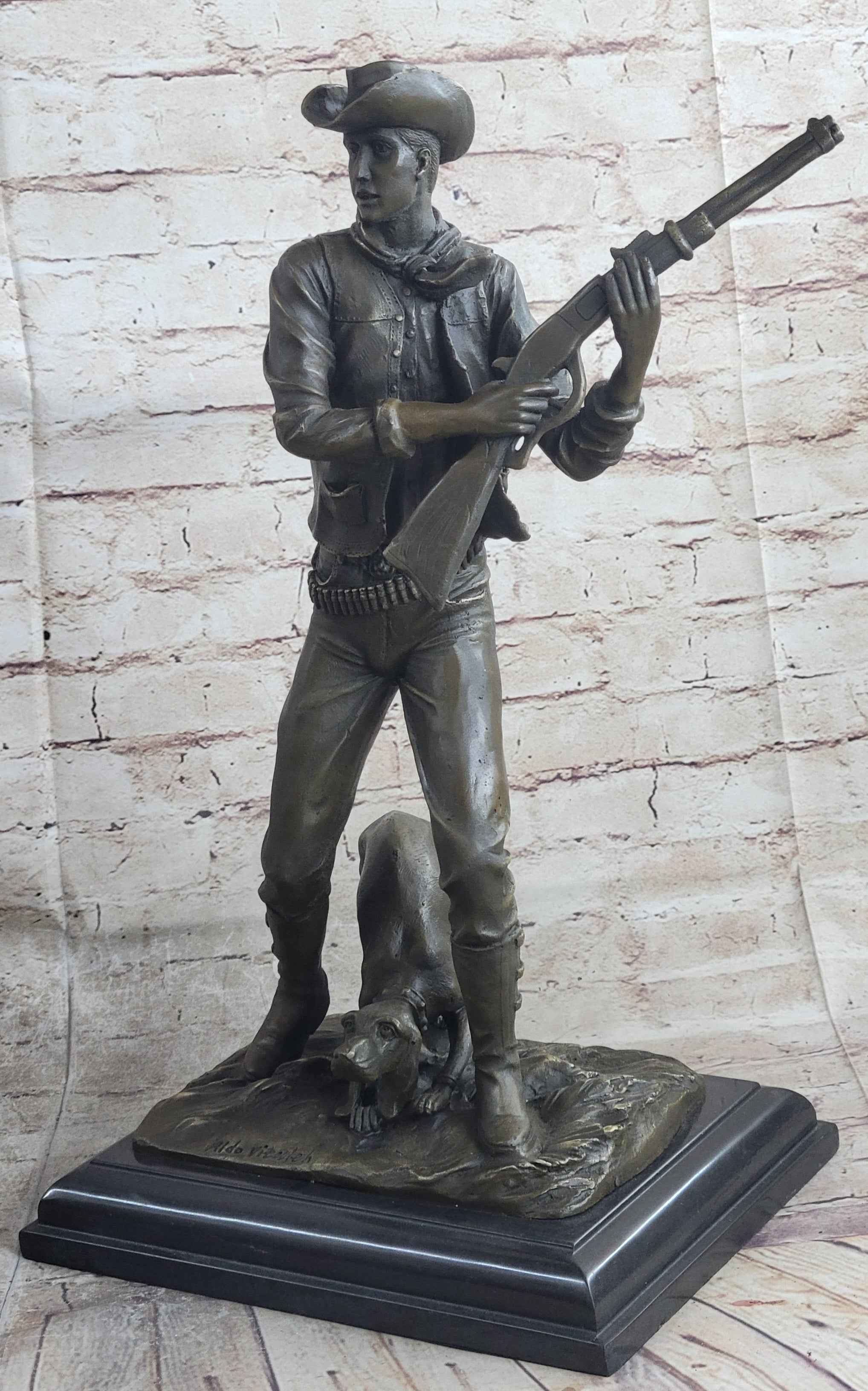 Signed Original Aldo Vitaleh Cowboy W/ Gun and His Dog Bronze Sculpture Statue