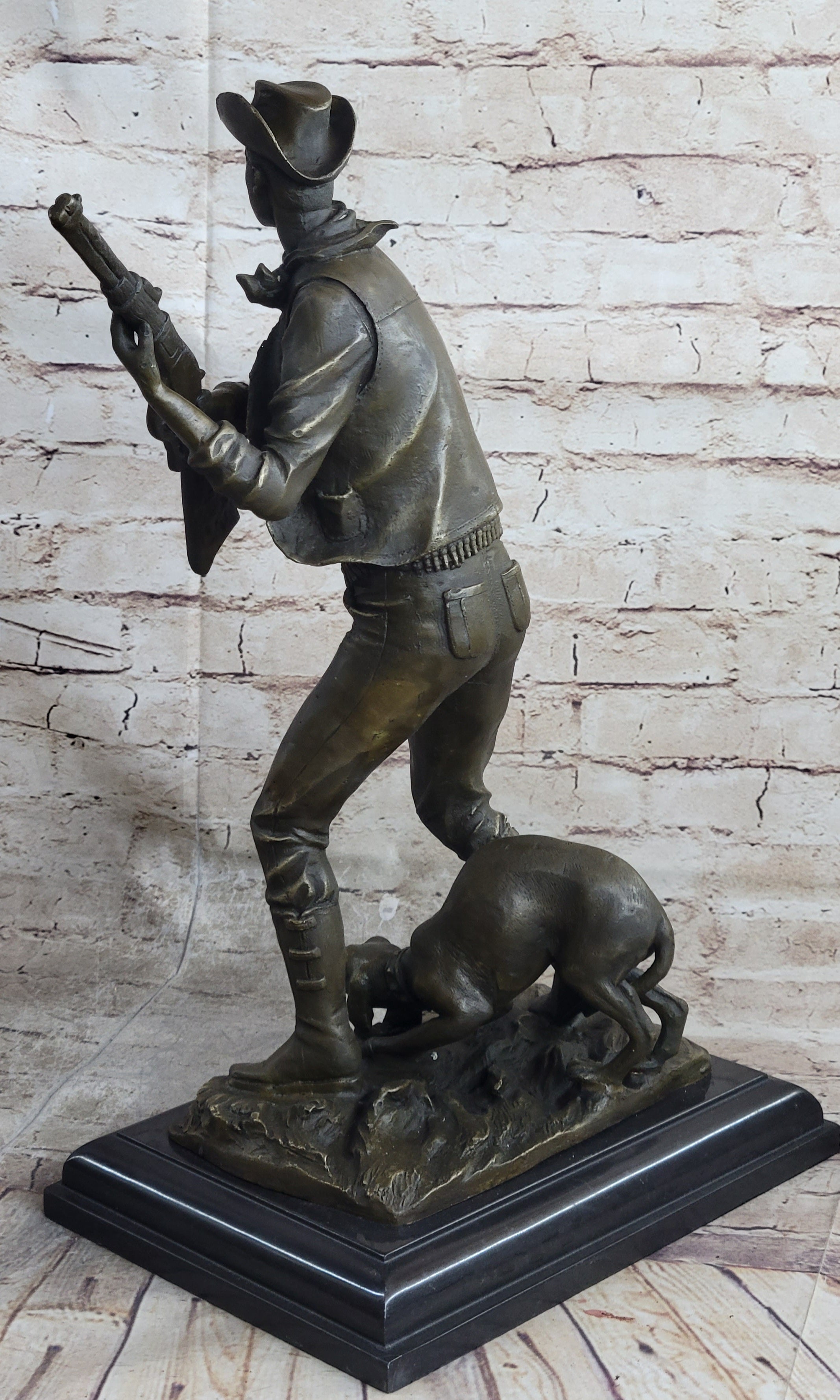 Signed Original Aldo Vitaleh Cowboy W/ Gun and His Dog Bronze Sculpture Statue